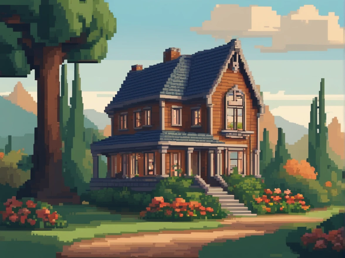 pixel art of a house with a tree in front of it, beautiful detailed pixel art, detailed pixel art, lo-fi retro videogame, concept pixelart, detailed pixel artwork, pixel art style, pixel town, pixel art animation, high quality pixel art, cottage town, super detailed color lowpoly art, #pixelart:3, # pixelart, #pixelart