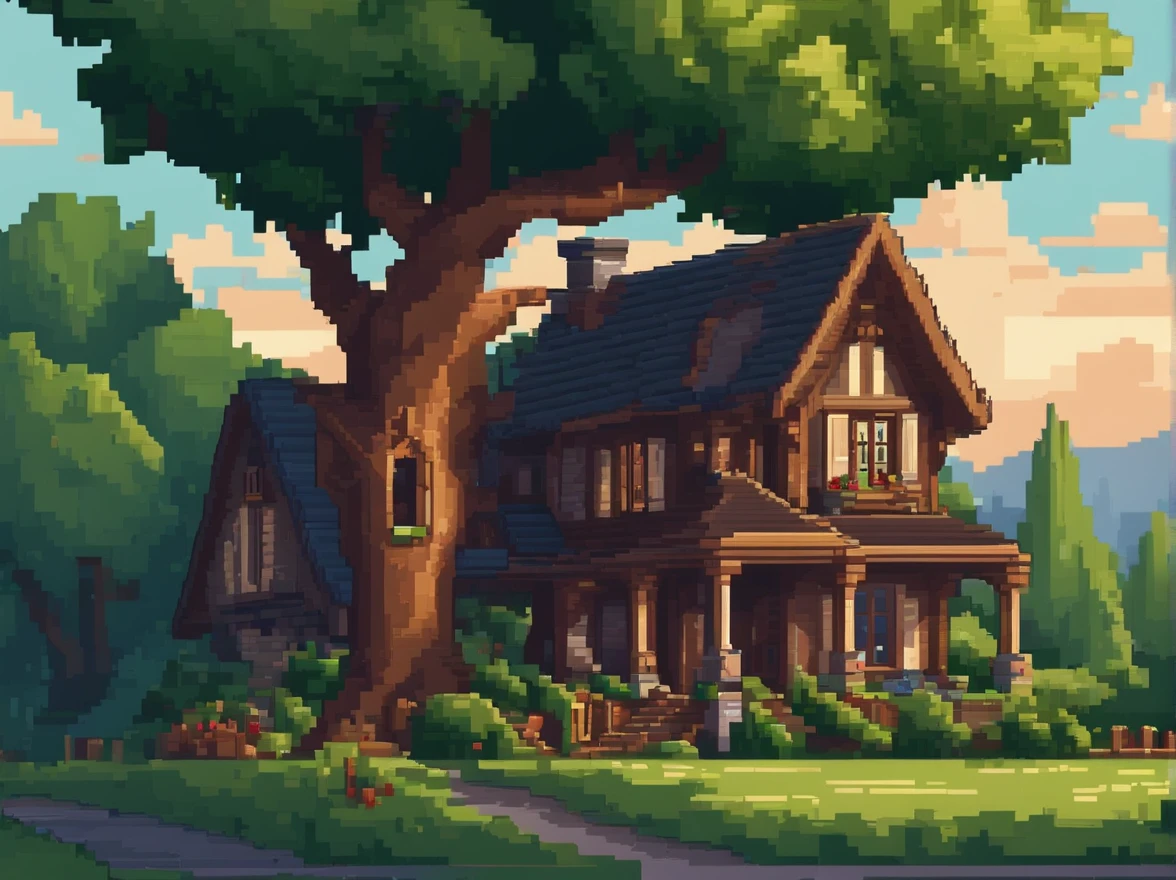 pixel art of a house with a tree in front of it, beautiful detailed pixel art, detailed pixel art, lo-fi retro videogame, concept pixelart, detailed pixel artwork, pixel art style, pixel town, pixel art animation, high quality pixel art, cottage town, super detailed color lowpoly art, #pixelart:3, # pixelart, #pixelart