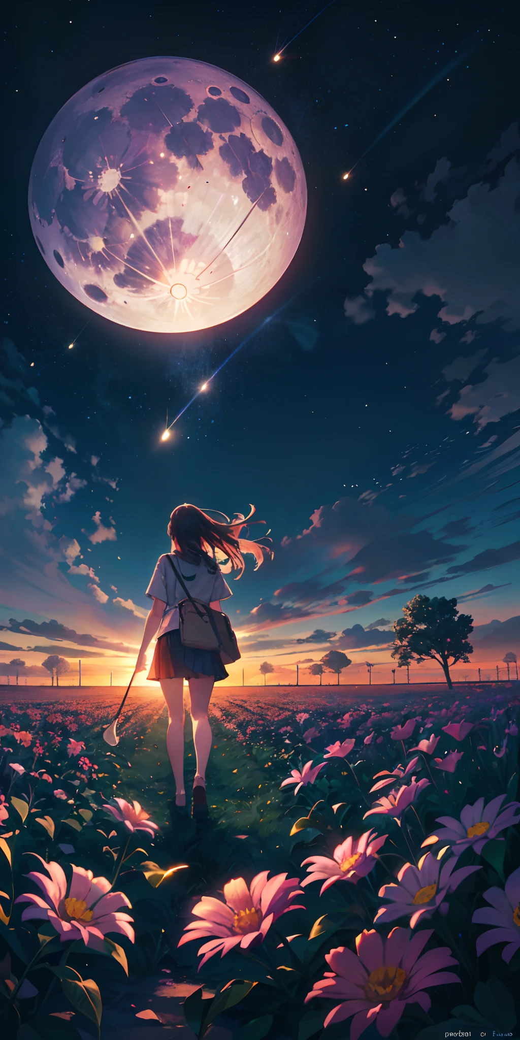 Vast landscape photo, (viewed from below, the sky is above and the open field is below), a girl standing on a flower field looking up, (full moon: 1.2), (meteor: 0.9), (nebula: 1.3), distant mountains , Trees BREAK Crafting Art, (Warm Light: 1.2), (Fireflies: 1.2), Lights, Lots of Purple and Orange, Intricate Details, Volumetric Lighting, Realism BREAK (Masterpiece: 1.2), (Best Quality), 4k, Ultra-Detailed, (Dynamic Composition: 1.4), Very Detailed, Colorful Details, (Rainbow Colors: 1.2), (Glow Lighting, Atmospheric Lighting), Dreamy, Magical, (Solo: 1.2)