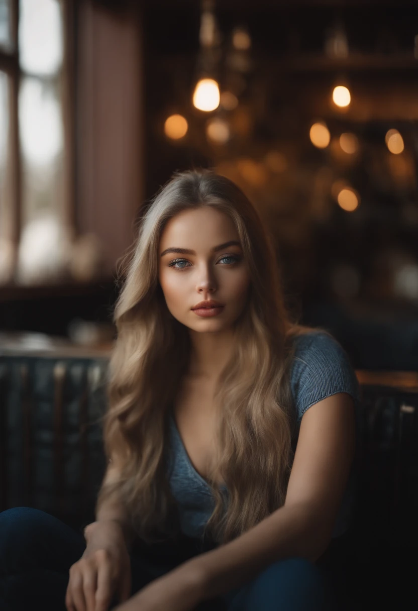 Sexy girl with gray eyes, portrait sophie mudd, blonde hair and big eyes, selfie of a young woman, Chamber eyes, violet myers, no makeup, natural makeup, looking straight at camera, face with artgram, fine makeup, Excellent full-length photography, cleavage, big breastes, Sitting on the beach