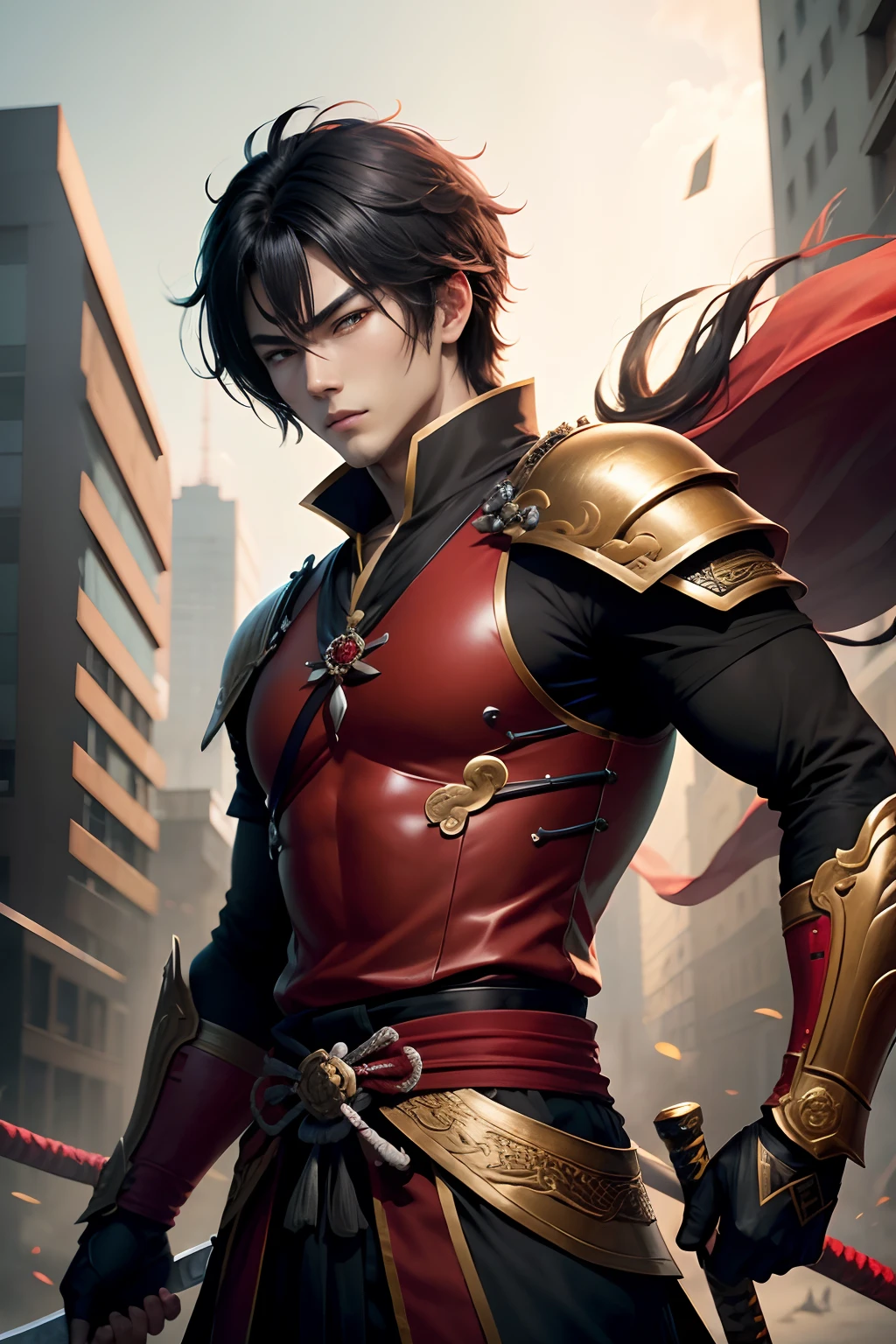 8K,Photorealsitic Raw photography top-quality;1.4) (1 boy samurai) Super handsome boy (Lifelike face) Shonen Demon Slayer Black hair bob hair Black and red exterior Black and red trousers Golden decoration Beautiful expression 超A high resolution A smile accurate detail real looking skin Equip a sword at the waist With sword and armor in a city setting by Yang J, Handsome Boy in Demon Slayer Art, G Liulian art style, chengwei pan on artstation, yangjun chen, Zhao Yun, Inspired by Zhang Senyao, by Leng Mei, by Victor Wang, xianxia hero, by Zhou Fang, by Yang Jin