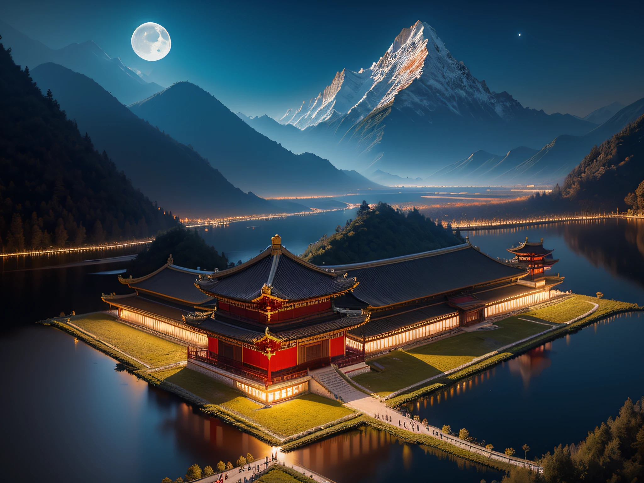 (Best quality,8K:1.2),Ultra-detailed,(Realistic:1.37),(Moon:1.2),A palace of the Tang Dynasty in China,Palace complex,Mountains at night,lamplight,Heartbreaking beauty,magnificent scale,superior,stunning masterpiece,Detailed description,High definition,bird's eyes view,Overlooking,8K resolution