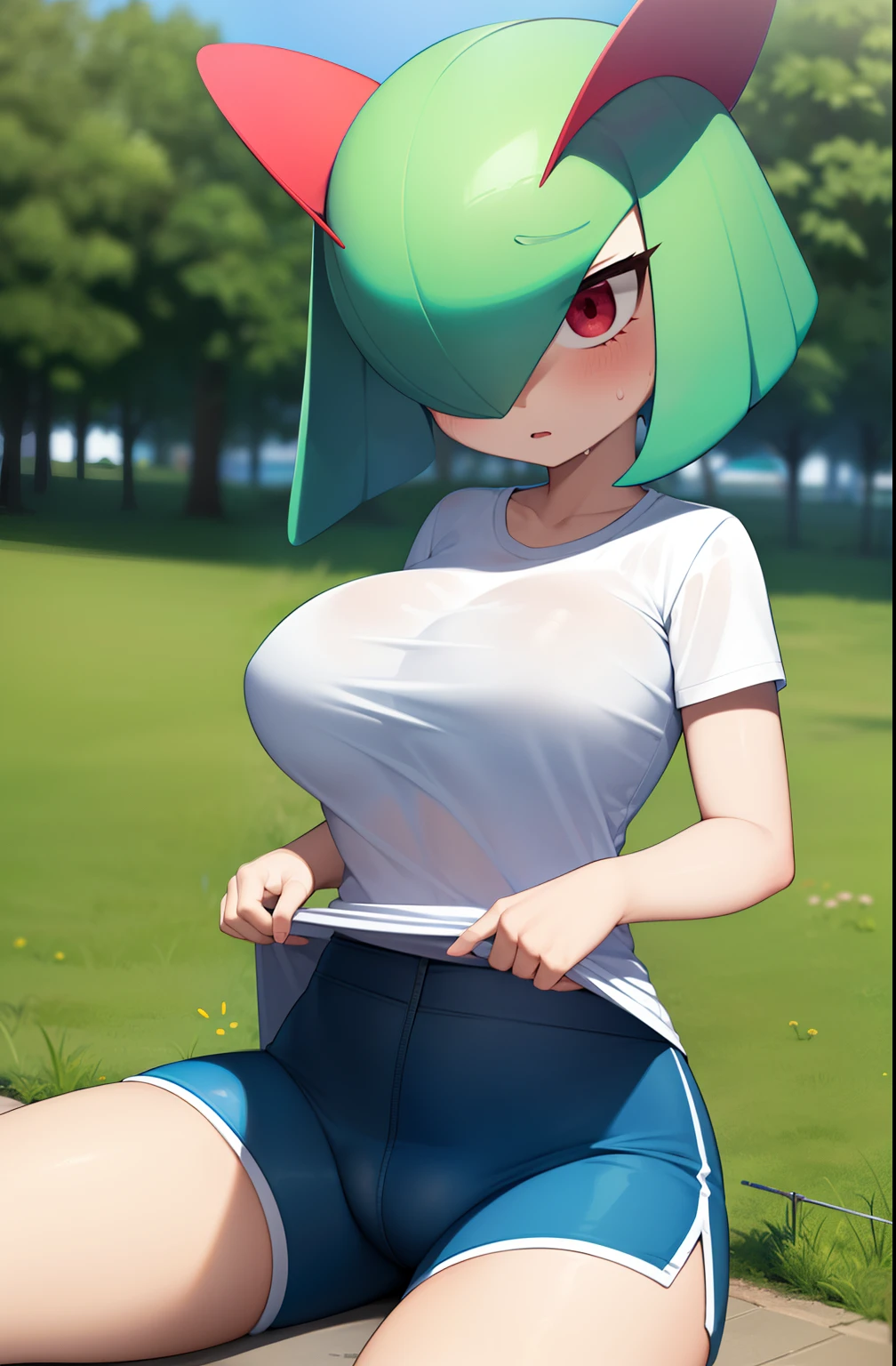 masterpiece, best quality, 1 girl, solo, kirlia, green hair, red eyes, wears a nlanca t-shirt, wears blue shorts, porcelain skin, outdoors, running, her t-shirt has transparencies and shows that underneath she wears a blue bra, sweating, tired, big breasts, big round female breasts, tight shorts, marked female genitalia.