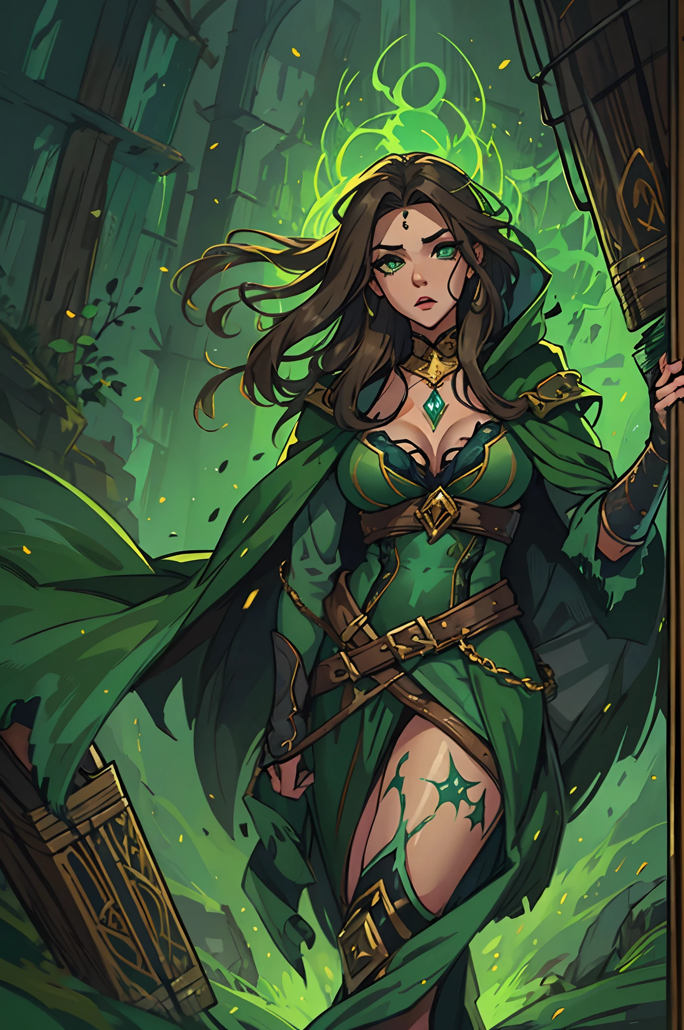 Uma bela mulher com olhos verdes e cabelos castanhos longo, She is an elemental sorceress with a sexy green look. Female villain expression. Um fundo cheio de parede de madeira Uma arte para um RPG Uma arte medieval para RPG