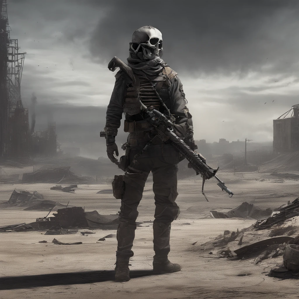 (((Post apocalyptic scenario, Desolate atmosphere, Dystopian landscape)))Postmodern wasteland punk style,Skeleton Singer