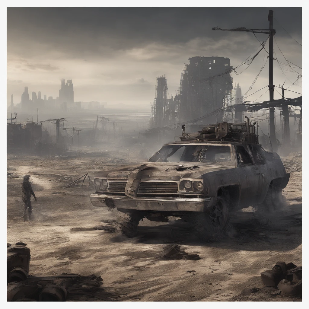 (((Post apocalyptic scenario, Desolate atmosphere, Dystopian landscape)))Postmodern wasteland punk style,Skeleton Singer