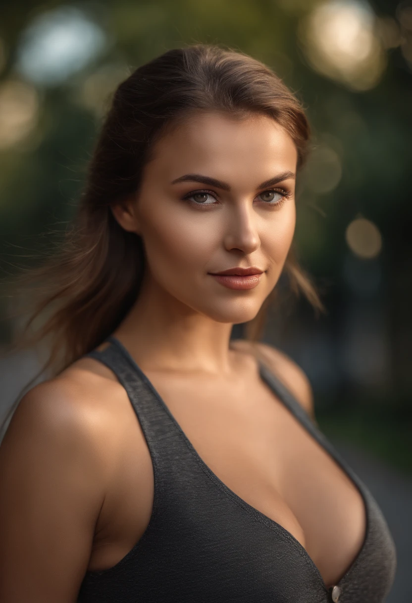 ((best qulaity, 8K, Meisterwerk :1.3))(Scharfer Fokus:1.2), Fotografie, attraktive junge frau, (sweet face:1.1), Slightly parted lips, (no Make-up:1.2), (grosse Augen:1.0), (toned body:1.2), (lockiges Haar:1.2), (big boobs:1.3), tragend (brechen:1.2) auf einem (road:1.2). (Stimmungsvolle Beleuchtung:1.2), natural facial texture, Depth of field, bokeh, 4K, HDR.