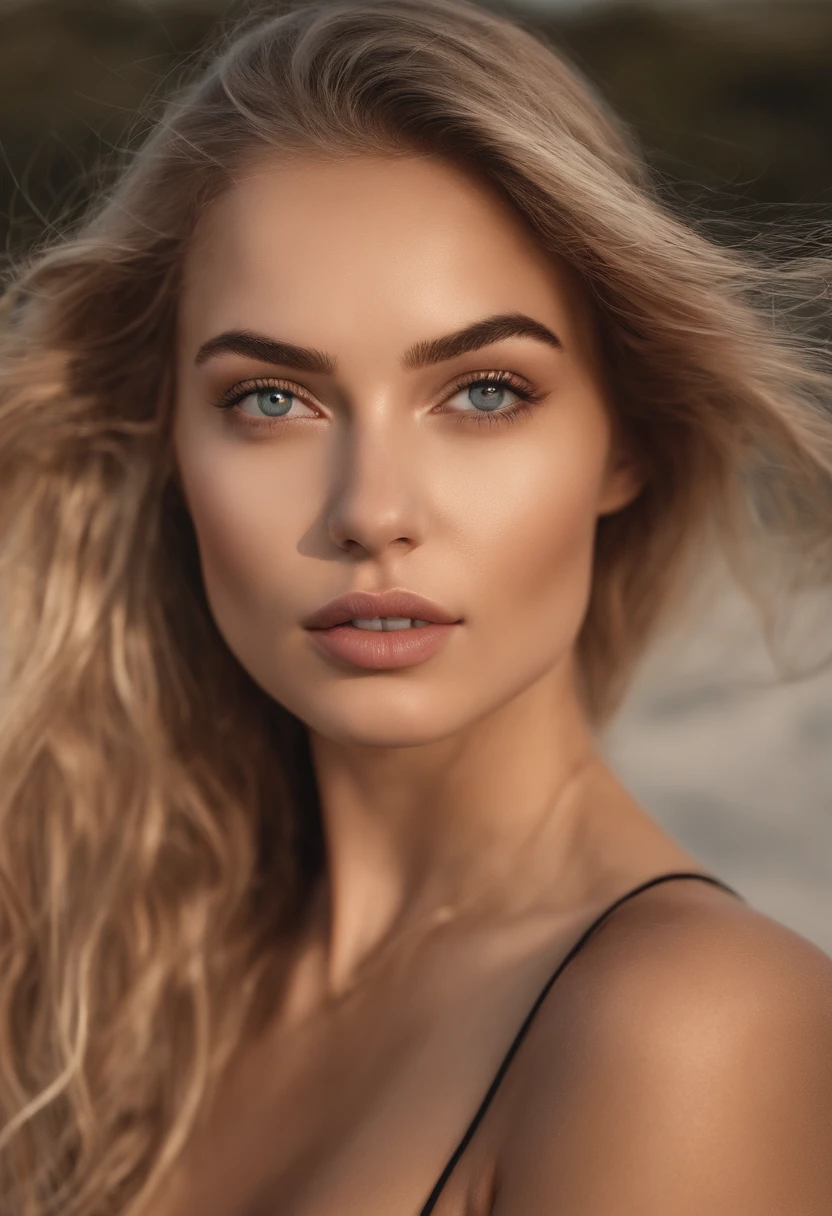 Arafed woman completely , fille sexy aux yeux bleus, ultra realist, Meticulously detailed, Portrait Sophie Mudd, cheveux blonds et grands yeux, selfie of a young woman, Yeux de chambre, Violet Myers, sans maquillage, maquillage naturel, looking straight at camera, Visage avec Artgram, Maquillage subtil, Superbe photo du corps entier,Buste de taille grande, sitting at the beach, at the beach, maillot de bain,