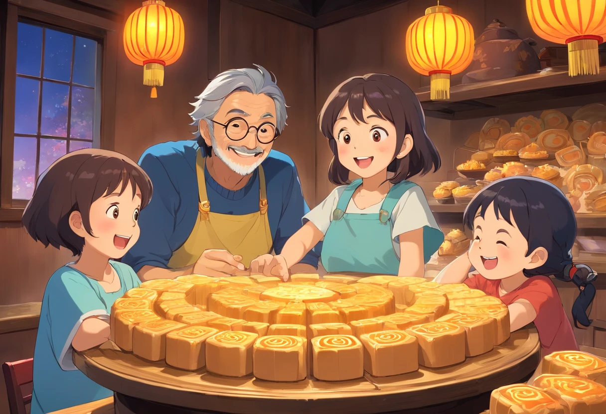 The whole family eats mooncakes together，Dad and mom laugh with ????，colorful ???? book illustration,