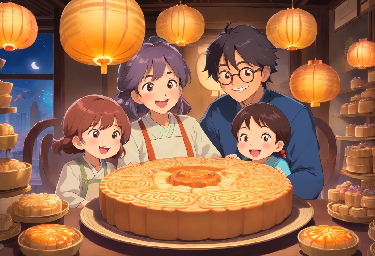 The whole family eats mooncakes together,Dad and mom laugh with kids,colorful kids book illustration,