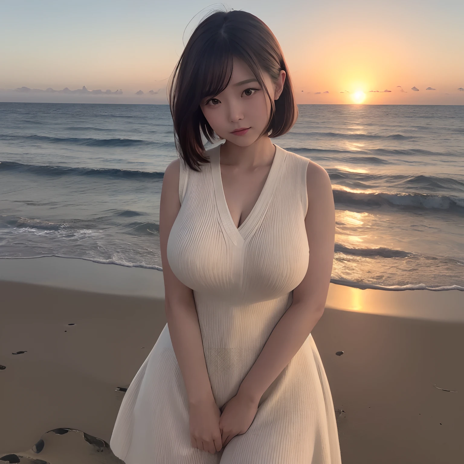 top-quality, ​masterpiece, high-detail, Photonic style, 16k picture quality, Beautiful 27 year old woman in sleeveless knitted dress,Bob Hair, . Place her against the Pacific sunset sky. Her plump highlights, Cute breasts and hourglass waist pose. Sheer nipples,Make sure the generated images look realistic.