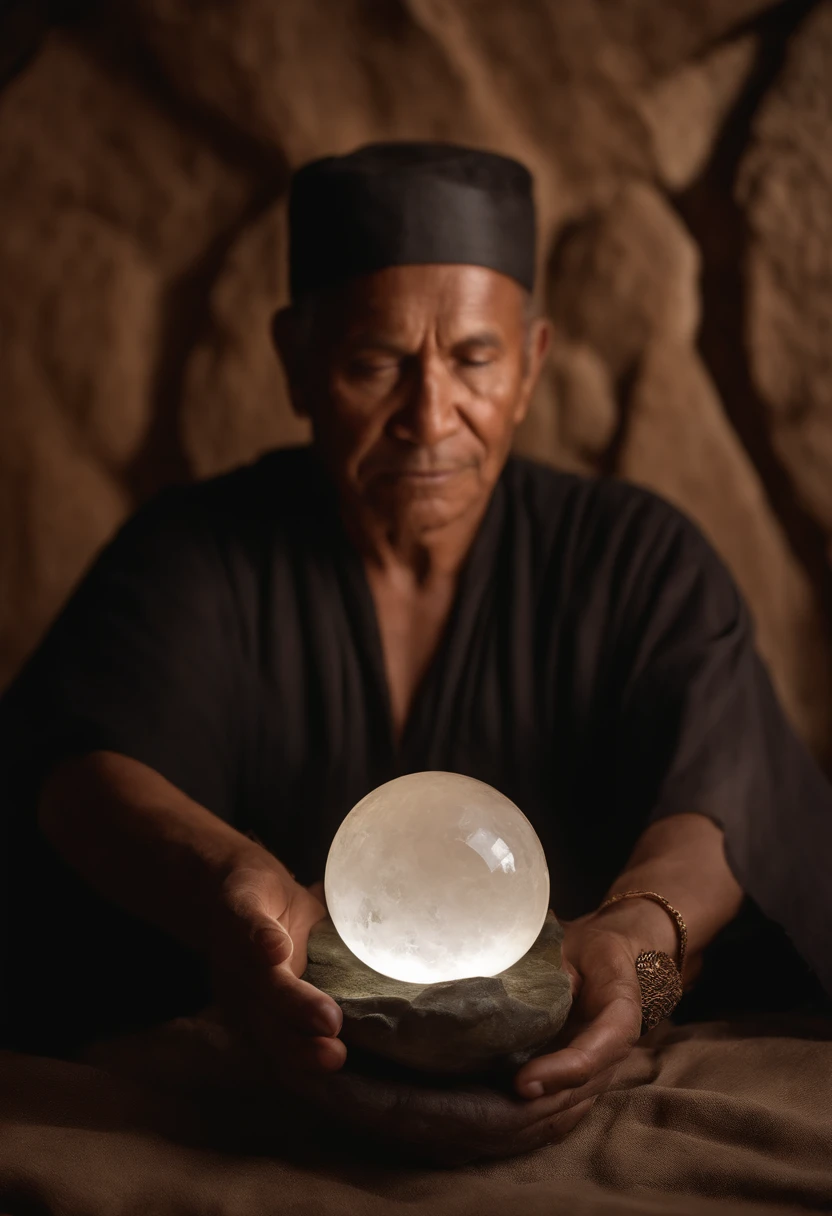 A photography lens size 50mm beautifully captures a Mayan healer's ritual with a clear quartz crystal, inspired by the photographic style of Ansel Adams. The healer's focus on the wounded warrior is palpable. The color temperature is natural, accentuating the sacredness of the moment, and the lighting creates a dramatic interplay between light and shadow, enhancing the healing atmosphere. --v 5 --stylize 1000