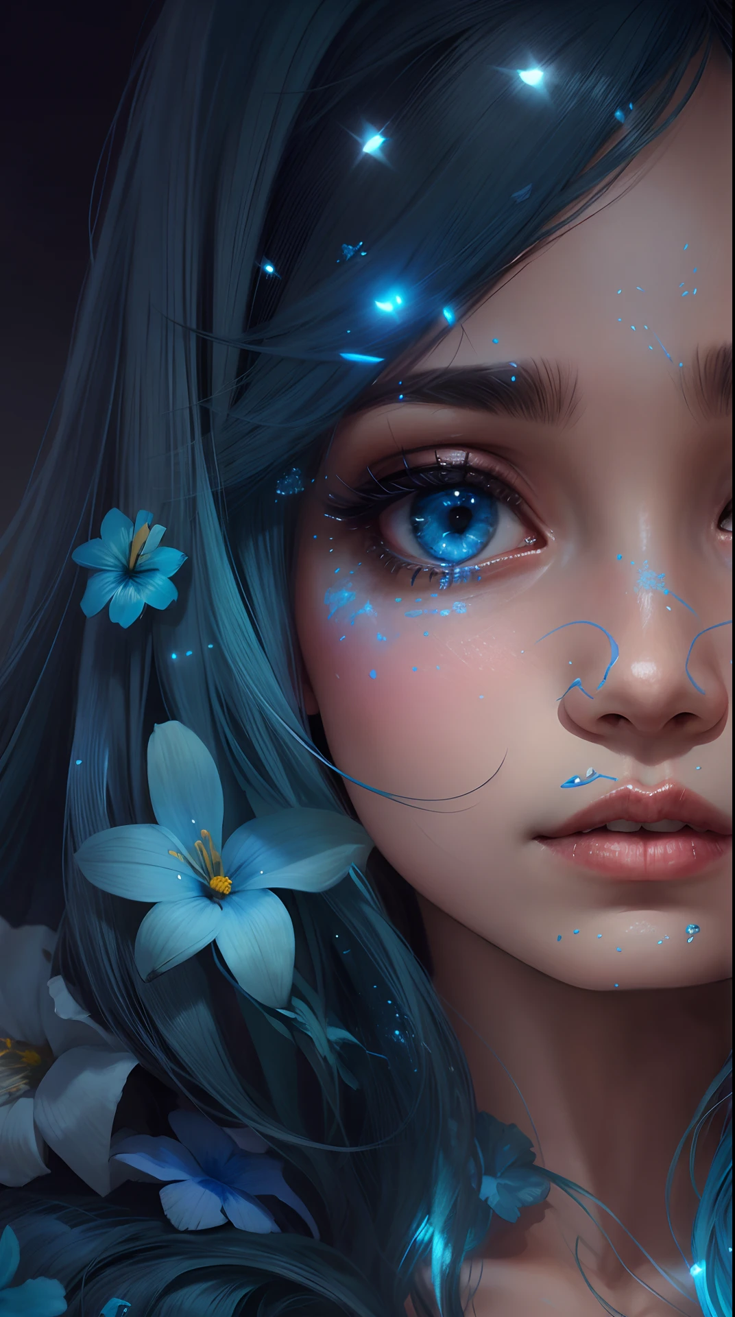 Garota de cabelo azul e flores no cabelo