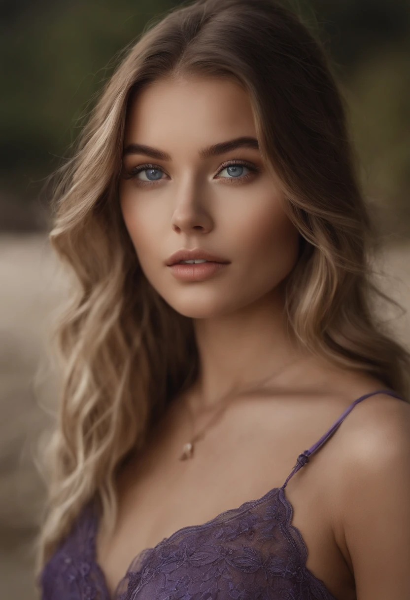 Arafed woman completely , fille sexy aux yeux bleus, ultra realist, Meticulously detailed, Portrait Sophie Mudd, cheveux blonds et grands yeux, selfie of a young woman, Yeux de chambre, Violet Myers, sans maquillage, maquillage naturel, looking straight at camera, Visage avec Artgram, Maquillage subtil, Superbe photo du corps entier,Medium to large bust, sitting at the beach, Un New York