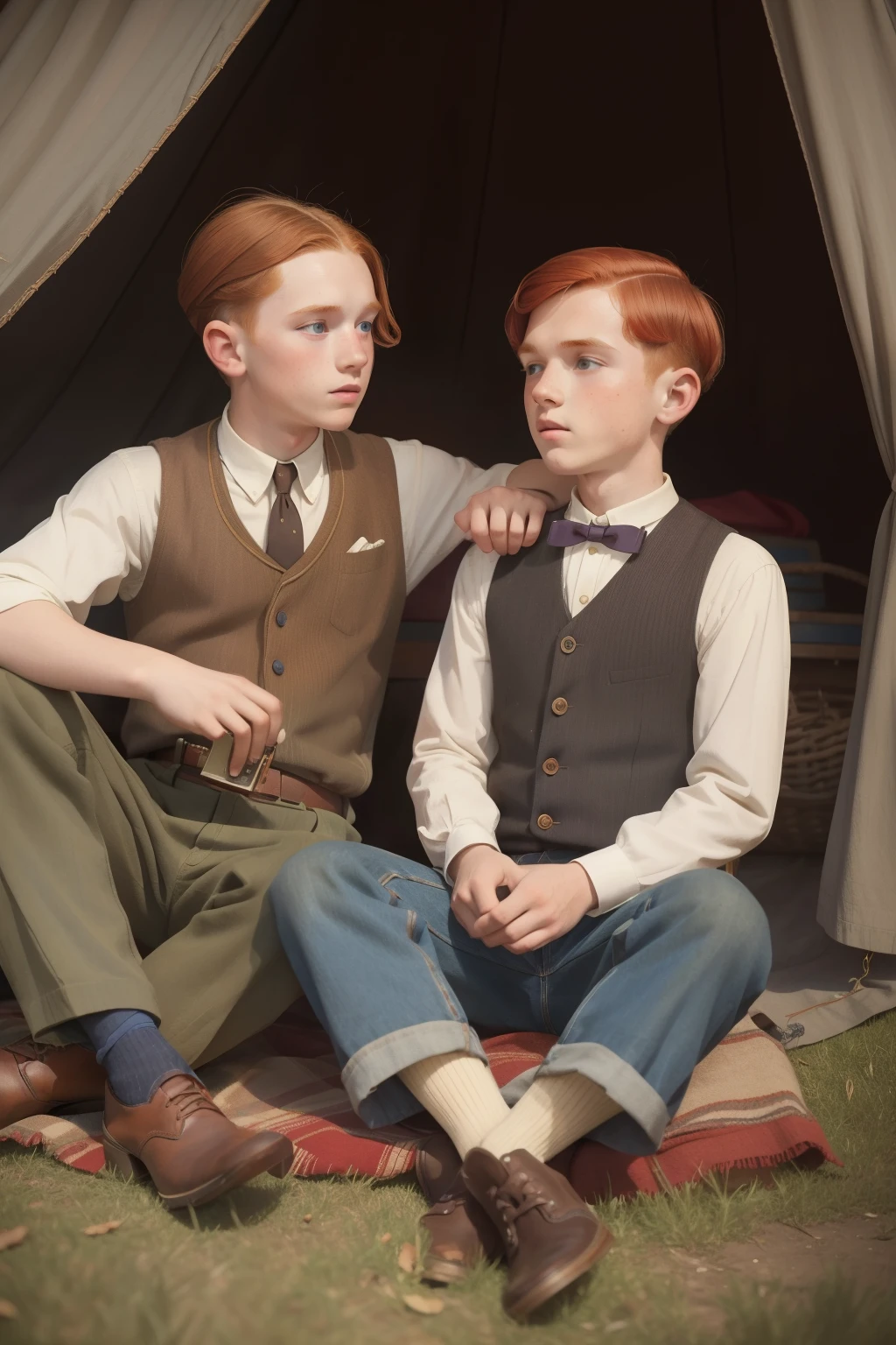 Year: 1932. Location: Lincoln, Minnesota. pre-raphaelite scene with a -yeld read boy with (freckles), playing the harmonica, sitting by a bonfire, next to his16-year-o brr, ((930s poor clothes)))) ((1930s hairstyle)) ((in the style of "OMITB")) ((cinematic style))