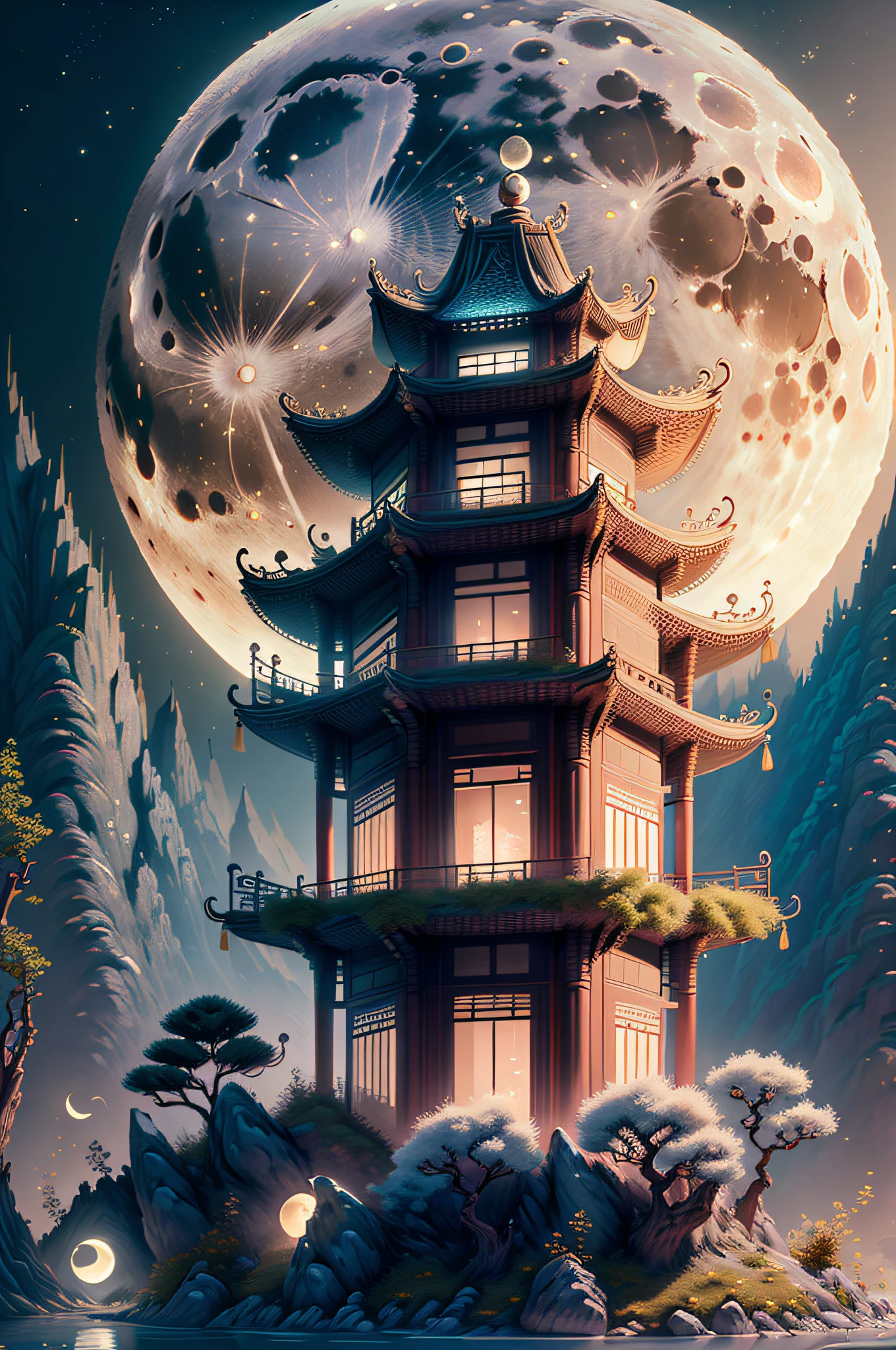 (Best quality,8K:1.2),Ultra-detailed,(Realistic:1.37),(Moon:1.2),A palace of the Tang Dynasty in China,Palace complex,Mountains at night,lamplight,Heartbreaking beauty,magnificent scale,superior,stunning masterpiece,Detailed description,High definition,bird's eyes view,Overlooking,8K resolution