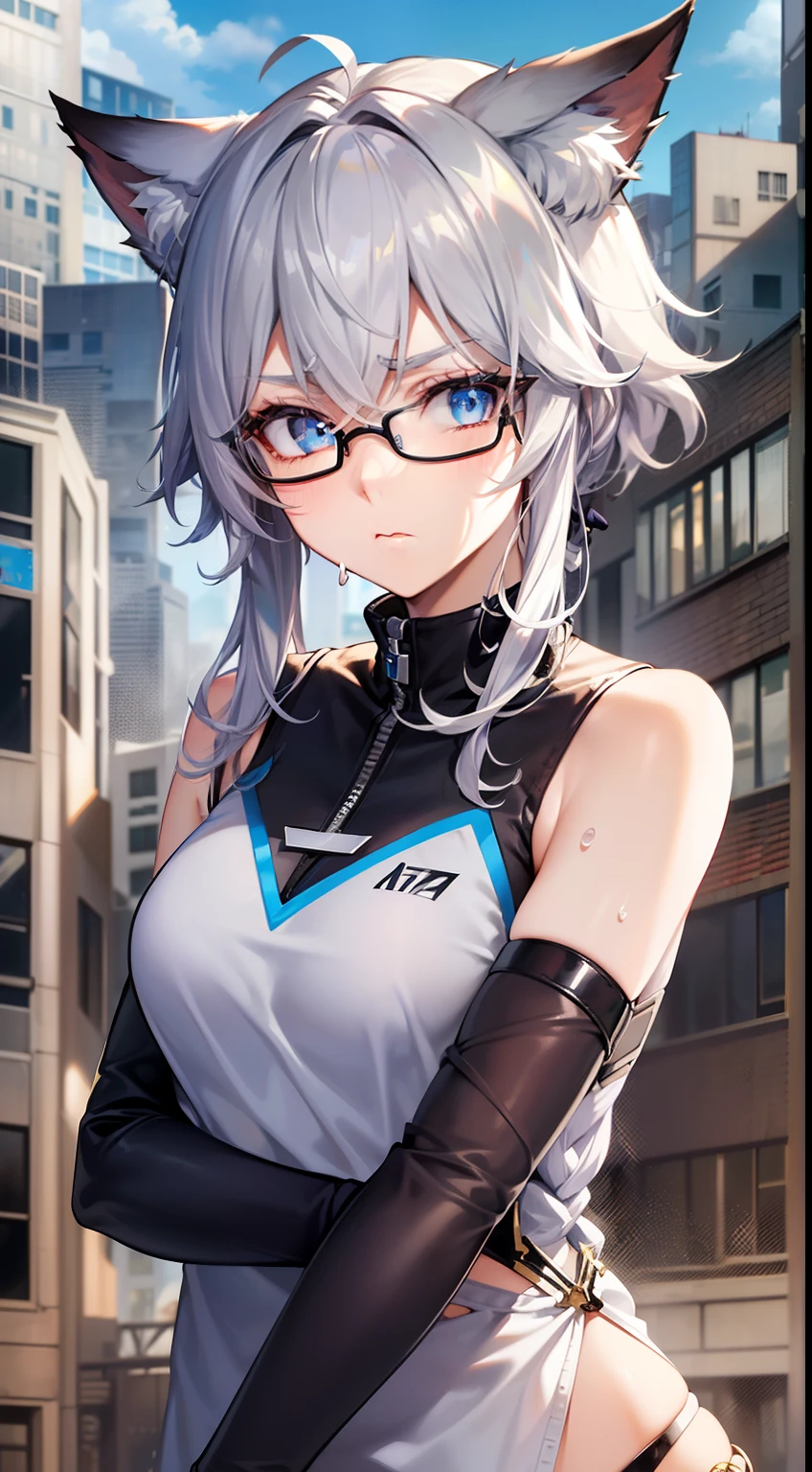 Adult woman, Dark purple hair, Low ponytail, Golden eyes, Cat ears, Killer form, Sleeveless, Anger, Masterpiece, Sea quality Facing you, (1 boy), (solo), (handsome boy), (((-yeld bo), (sunshine boy), (Arknights style clothing), (Arknights), (trendy clothes), (round frame glasses), (blue and white tone clothing), sports shoes, overlooking, breeze, sweat, white hair, messy hair, white hair, Symmetrical body, (((melancholy eyes))), (tall figure), fox ears, beautiful blue eyes, blue eyes, noon sun, doomtime, (rundown city background :1.3), 16K, masterpiece, high quality, exquisite wallpaper, (perfect human body), (complete body), (delicate face), (delicate features)