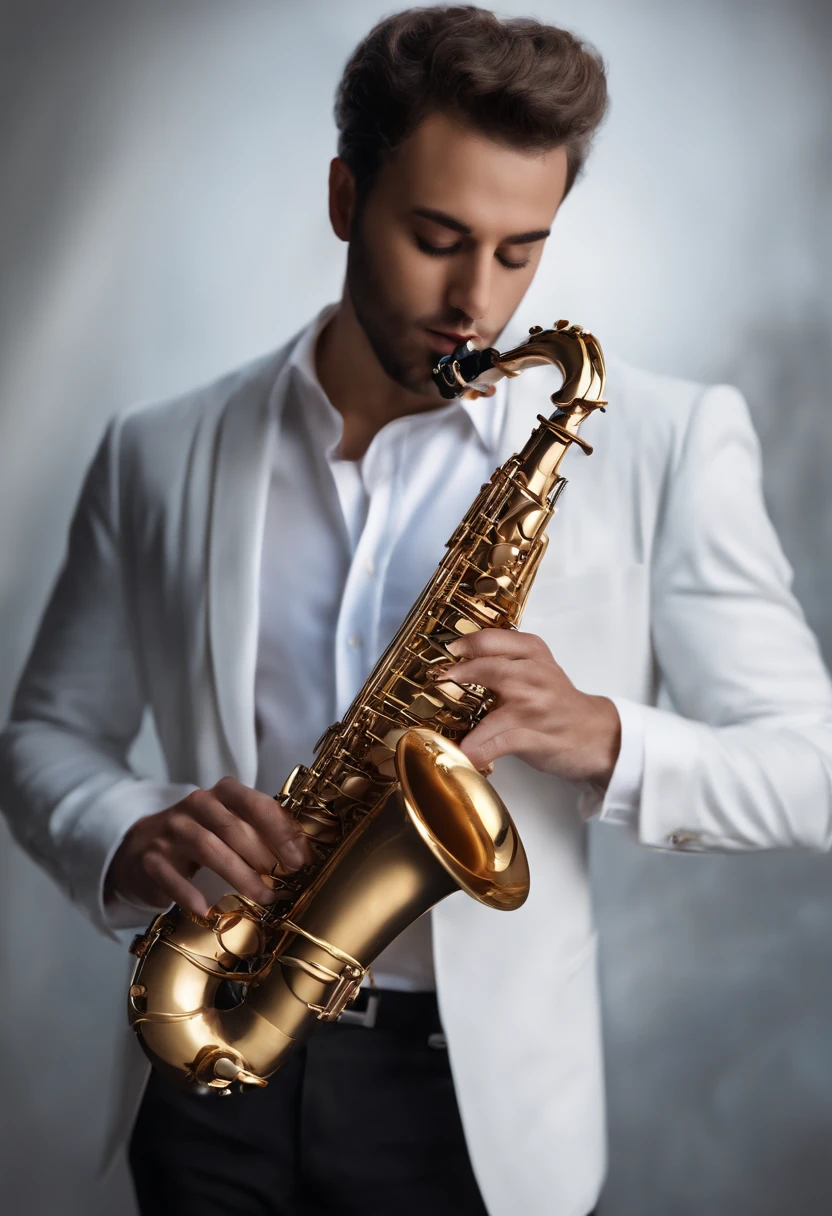 Create a Saxophonist standing up, playing his sax with great enthusiasm, with his entire body showing and a transparent background, in an elegant and realistic way