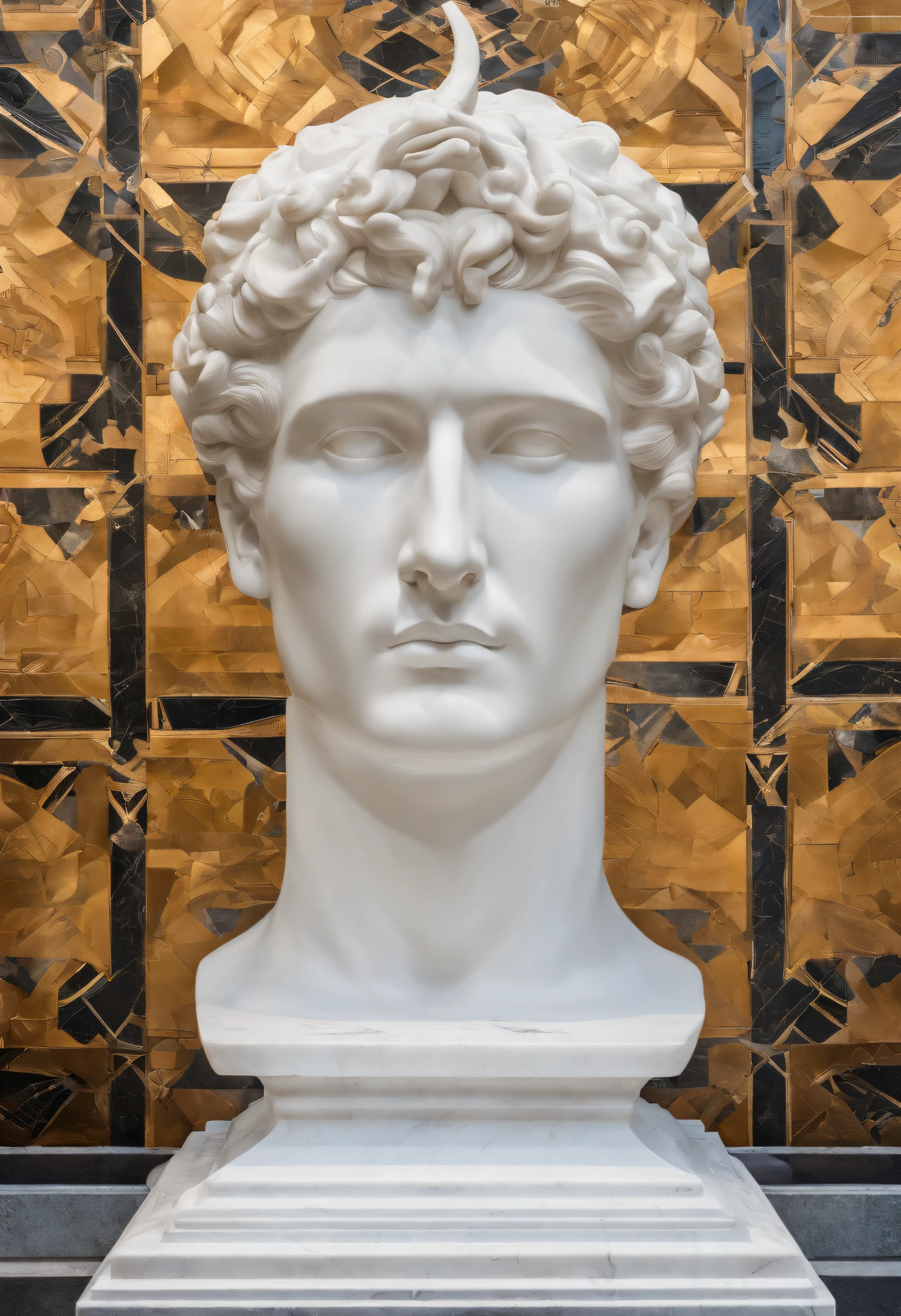 Photo of the face of a white marble statue of a man wearing Athenian clothing