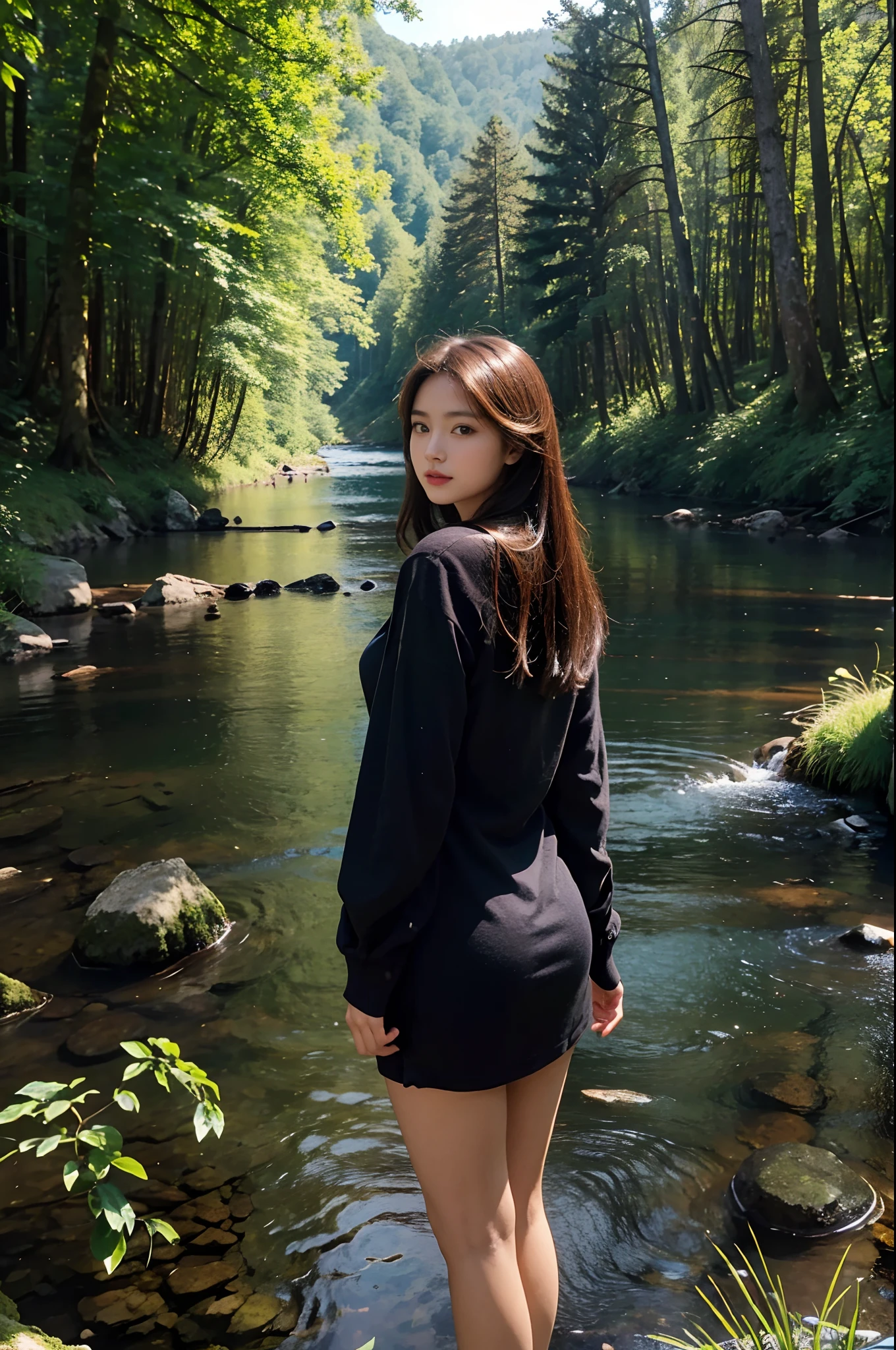 high resolution, Masterpiece, High quality, High definition, Focus on the face of a young woman, human figures, depth of fields，Large forest view from behind, Mountain landscape, forest, Nature, River