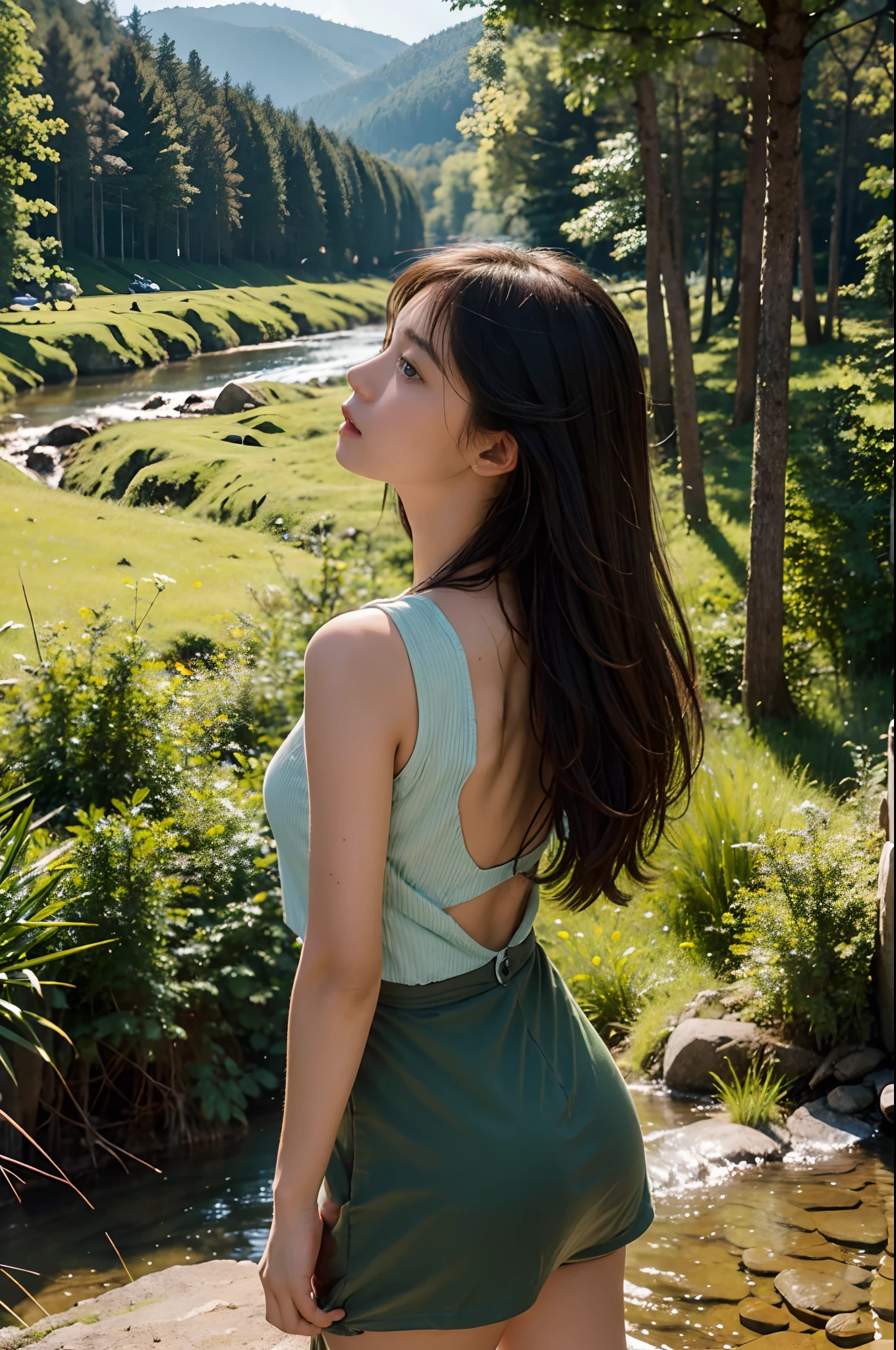 high resolution, Masterpiece, High quality, High definition, Focus on the face of a young woman, human figures, depth of fields，Large forest view from behind, Mountain landscape, forest, Nature, River