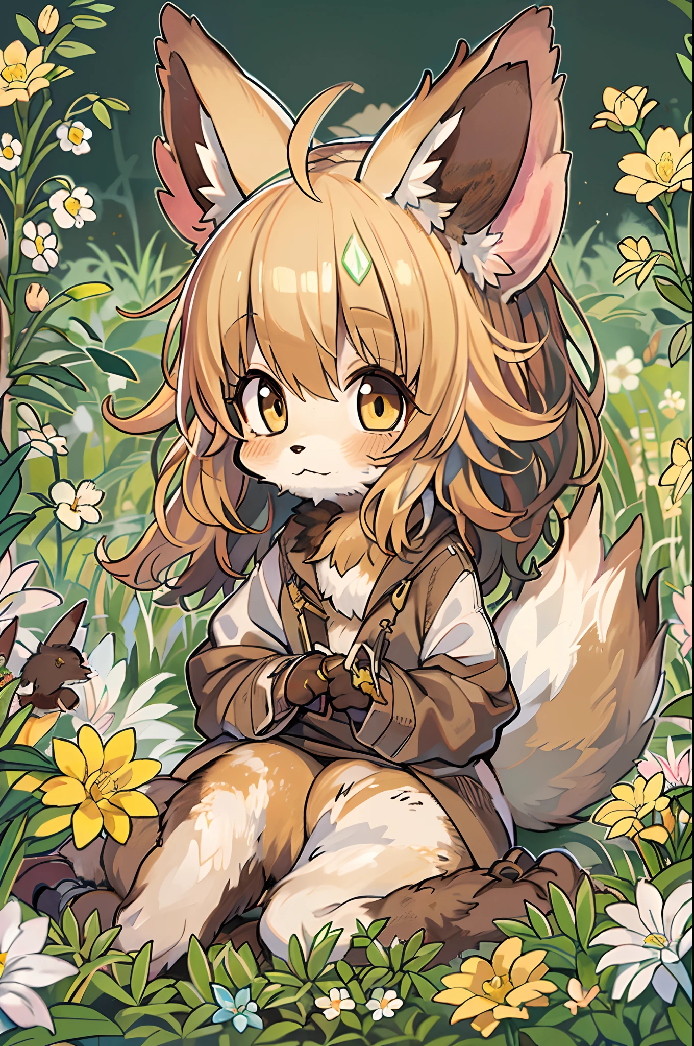 Fox, (Monster Girl), long brown ears with a dark brown inside,, brown fur, Sunburned neck fluff, brown fluffy tail with a yellow-brown tip,, Big brown eyes, wearing modest clothing, Sitting in the flower garden, masutepiece, Best Quality