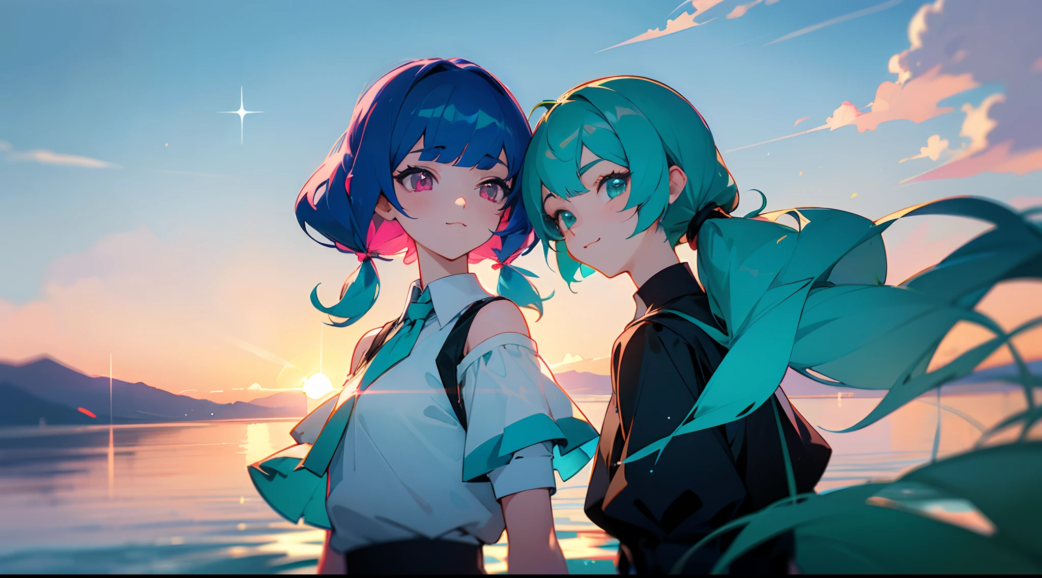 ((colourful, As detailed as possible, tmasterpiece)), Two anime friends stand side by side against the backdrop of a shining sky by the lake, Two friends, Two girls, 2 d anime style, flat anime style, in anime style, the anime, anime stylized, glass hair, Glowing Hair, portraite of a, Black Uniform, Strict costume, black tie, white  shirt, puffy short sleeves, Shorts, Smile, puffy short sleeves, Puffy armbands, Shirt, short sleeve, sparkle, Lush eyelashes, The first girl with a high shoulder-length ponytail and a calm face, beatiful face, multi-colored hair, Hair gradient, hair color: Blue, Blue hair, blue high tail, (without bangs), curly curl on the cheek, hairstyle high ponytail, long tail, Pink eyes, :3, Short eyebrows,, The second girl with two long green pigtails and a happy face, wide eyes, turquoise hair, Turquoise textured hair, Green eyes, (turquoise two pigtails), light background, natural light, vivid picture, Additional lighting, cloudy skies, clouds, Multi-colored space, Beautiful sky, Clear lake, Bright sun, Sundown, anime land of the lustrous, still from anime