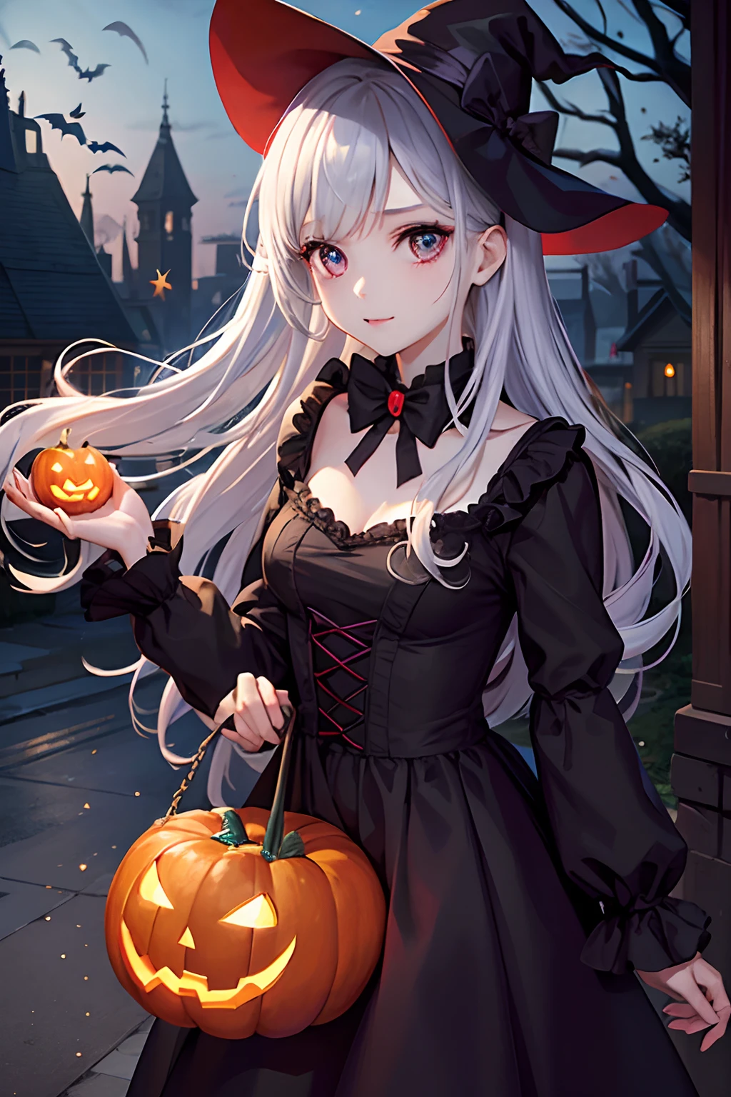 (Sky blue braided medium length hair:1.2), (Pink eyes),Fair skin) ,(whole body),(One Girl),(Crescent Moon),(A large number of pumpkin ghosts in the background),(Trick or Treat),Halloween Party),(masterpiece, Highest quality, Very detailed, Best Shadow), (Detailed Background), (Beautifully detailed face), High Contrast, (Best lighting, Very delicate and beautiful), ((Cinematic Light)), Hyper Detail,8k, Dramatic Light, Intricate details,Witch's Clothes,Magic broom,night,Bats fly in the sky,