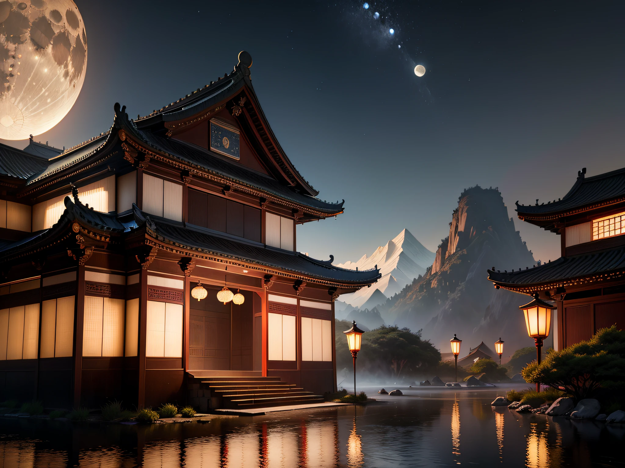 (Best quality,8K:1.2),Ultra-detailed,(Realistic:1.37),(Moon:1.2),A palace of the Tang Dynasty in China,Palace complex,Mountains at night,lamplight,Heartbreaking beauty,magnificent scale,superior,stunning masterpiece,Detailed description,High definition,bird's eyes view,Overlooking,8K resolution