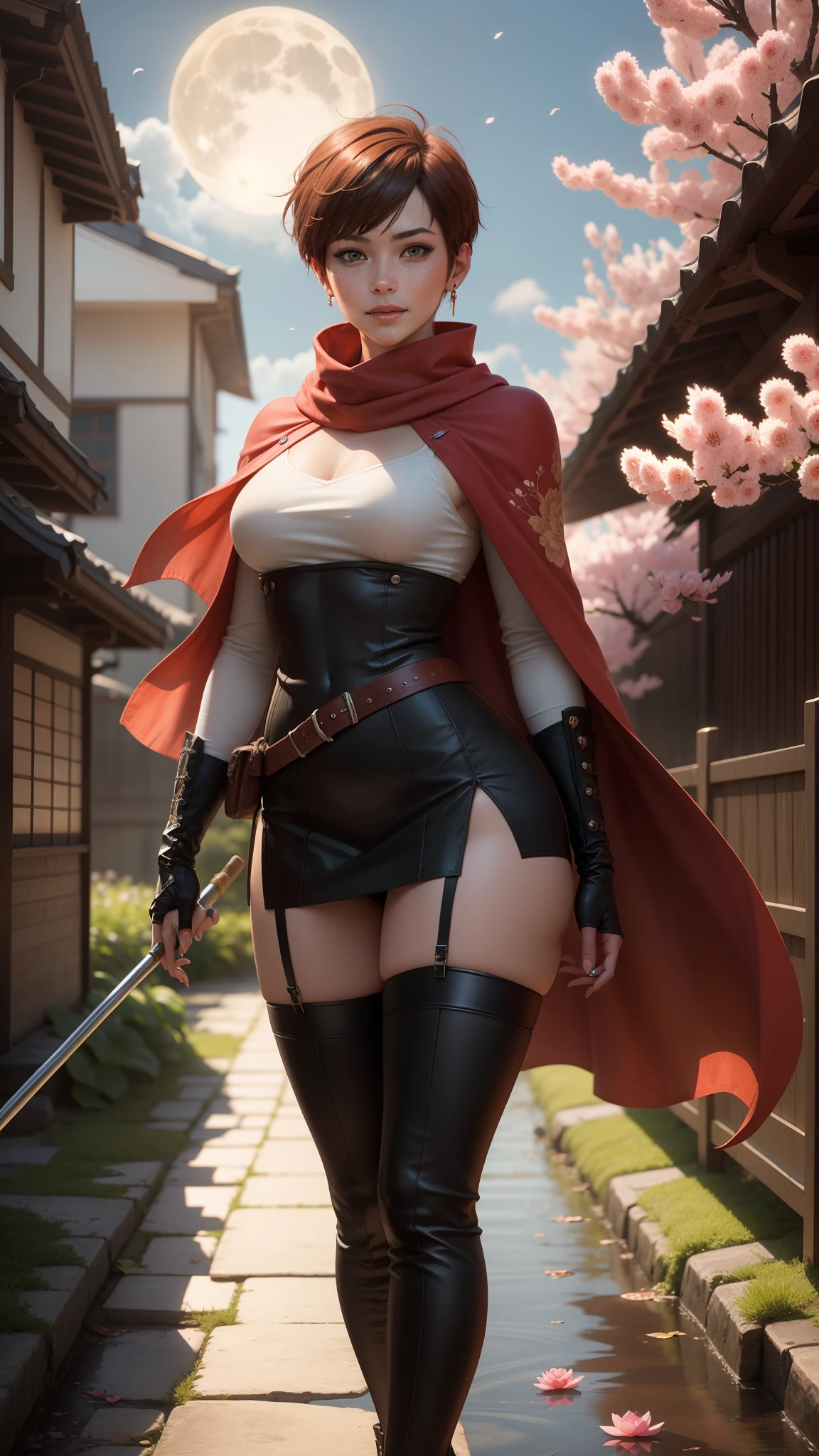 gwen tennyson,tracer,yorha 2b,rebecca chambers,samurai outfit,japan,steel armor,ager,green eyes,garter belt, thigh high boots,short hair,orange hair,moonlight,cherry blossom,shy smile,white striped top,bodycon skirt, kimono,freckles,redhead,beautiful girl,large breasts,ultra detailed,realistic, ninja scarf,short ninja cape,holding a spear,small earrings,lotus flower river,