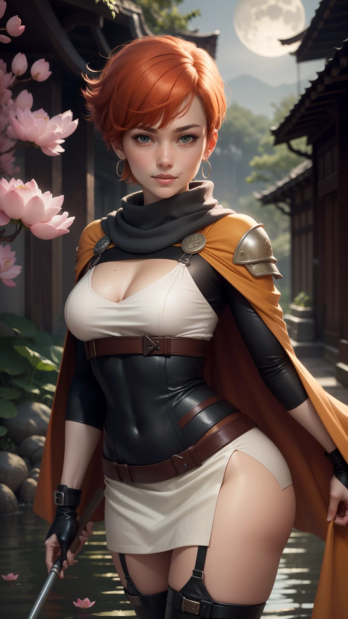 gwen tennyson,tracer,yorha 2b,rebecca chambers,samurai outfit,japan,steel armor,ager,green eyes,garter belt, thigh high boots,short hair,orange hair,moonlight,cherry blossom,shy smile,white striped top,bodycon skirt, kimono,freckles,redhead,beautiful girl,large breasts,ultra detailed,realistic, ninja scarf,short ninja cape,holding a spear,small earrings,lotus flower river,