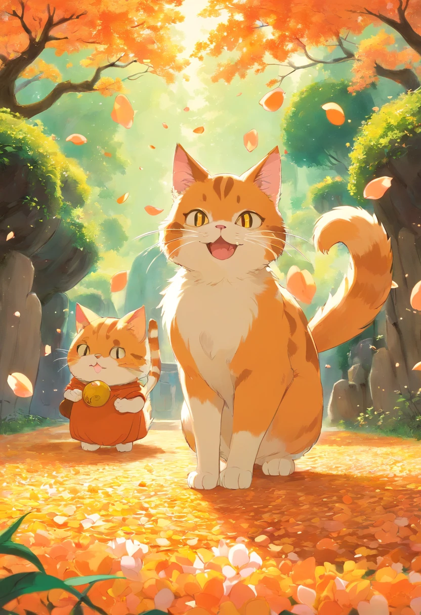 Obra maestra, La mejor calidad, Gato y bola de hilo, Gato jugando con bola de hilo, Detalles, warm colours, Falling peach petals around, Anime de gatos, Lindo