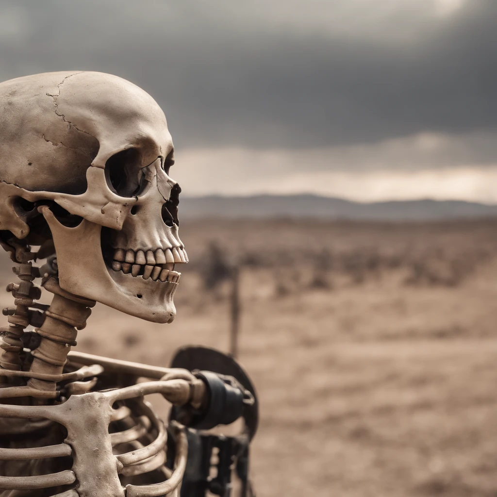 (((Post apocalyptic scenario, Desolate atmosphere, Dystopian landscape)))Postmodern wasteland punk style,Skeleton Singer