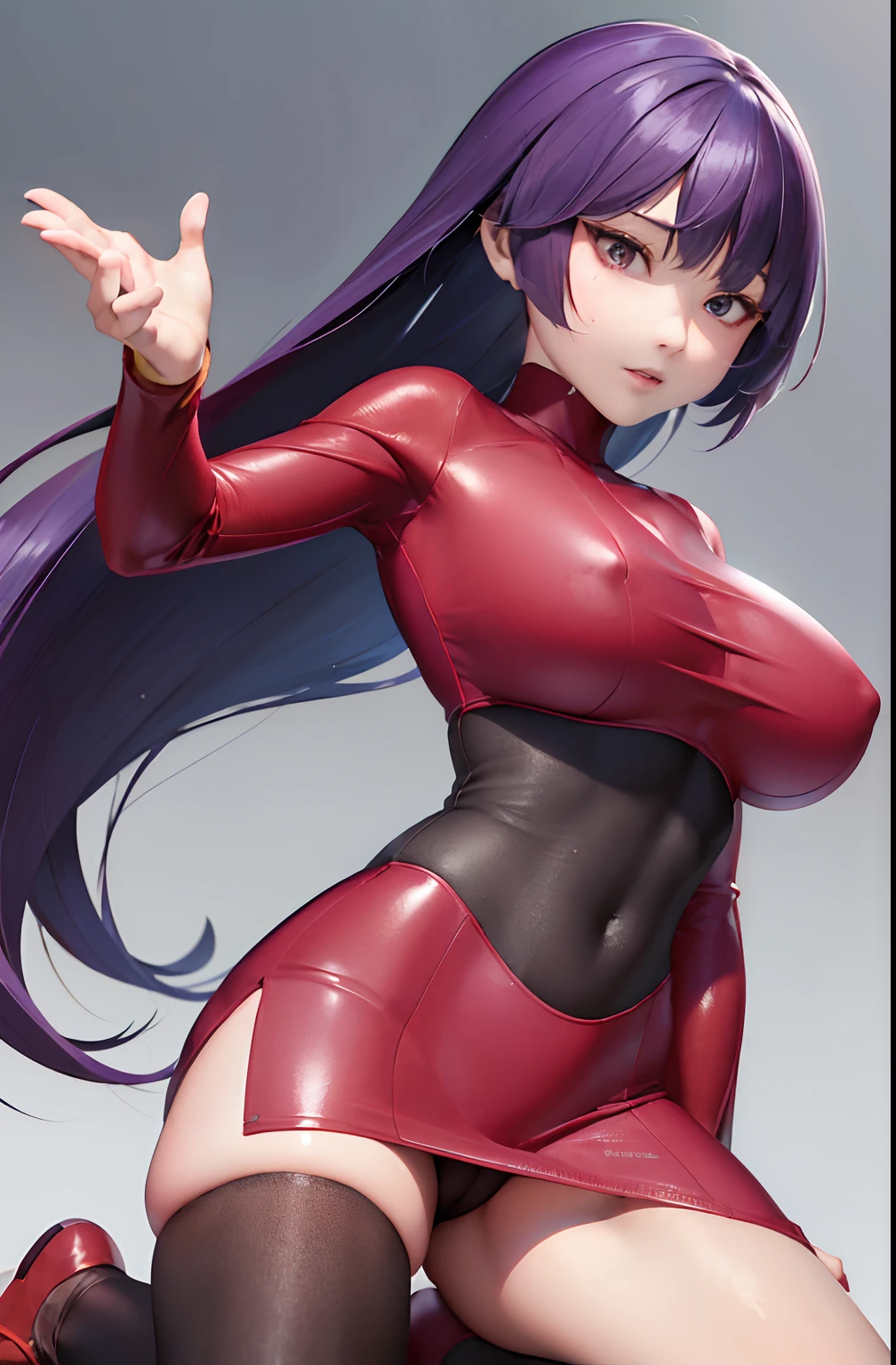 (​masterpiece、top-quality:1.2)、1girl in、独奏、sabrina、A pokémon、length hair、purple color  hair、bluntbangs、red eyes、Red Sweater Dress、(white glove:1.2)、Black sash、(Black leggings:1.1)、(body suit:1.1)、((panthyhose))、huge tit、(knee boots)、simple background、Kneeling