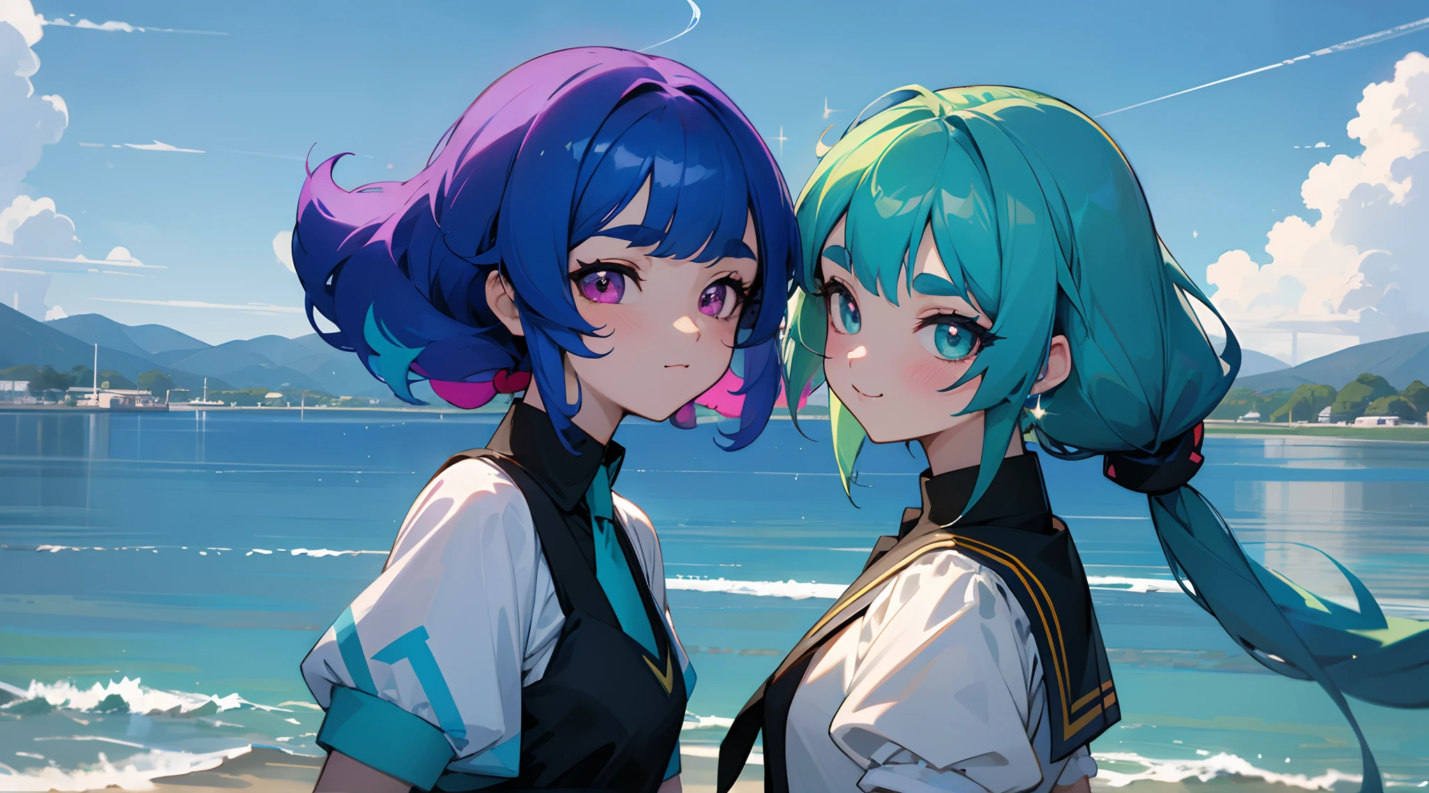 ((colourful, As detailed as possible, tmasterpiece)), Two anime friends stand side by side against the backdrop of a shining sky by a lake, Two friends, Two girls, 2 d anime style, flat anime style, in anime style, the anime, anime stylized, glass hair, Glowing Hair, portraite of a, Black Uniform, Strict costume, black necktie, white shirt, puffy short sleeves, Shorts, Smile, puffy short sleeves, Puffy armbands, Shirt, short sleeve, sparkle, Lush eyelashes, The first girl with a high shoulder-length ponytail and a calm face, beatiful face, multi-colored hair, Hair gradient, hair color: Blue, Blue hair, blue high tail, (without bangs), curly curl on the cheek, Hairstyle: high ponytail, long tail, pink eyes, :3, Short eyebrows,,, The second girl with two long green pigtails and a happy face, wide eyes, turquoise hair, Turquoise textured hair, Green eyes, (turquoise two pigtails), light background, natural light, vivid picture, Additional lighting, cloudy skies, Clouds, Multi-colored space, Beautiful sky, Clear lake, Bright sun, Sundown, anime land of the lustrous, still from anime