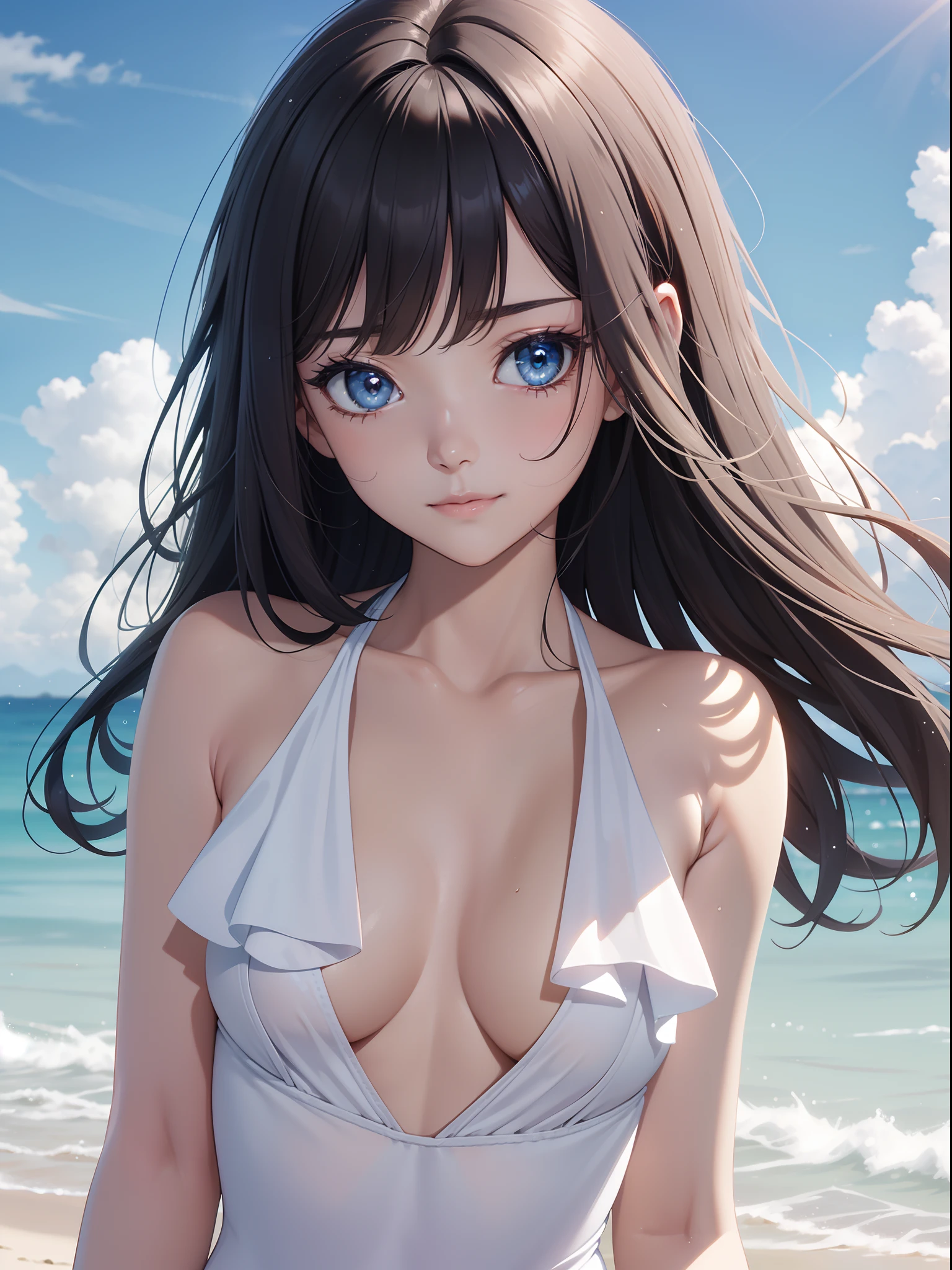 Official art、Top quality ultra-detailed CG art、a beauty girl:1.2)、Dark hair、Glossy hair、smooth hair、large blue eyes,Mid summer、kawaii、The sky is beautiful、medium cut、White competitive swimsuit、Smooth clothes、ssmile、It features a simple、Naked、