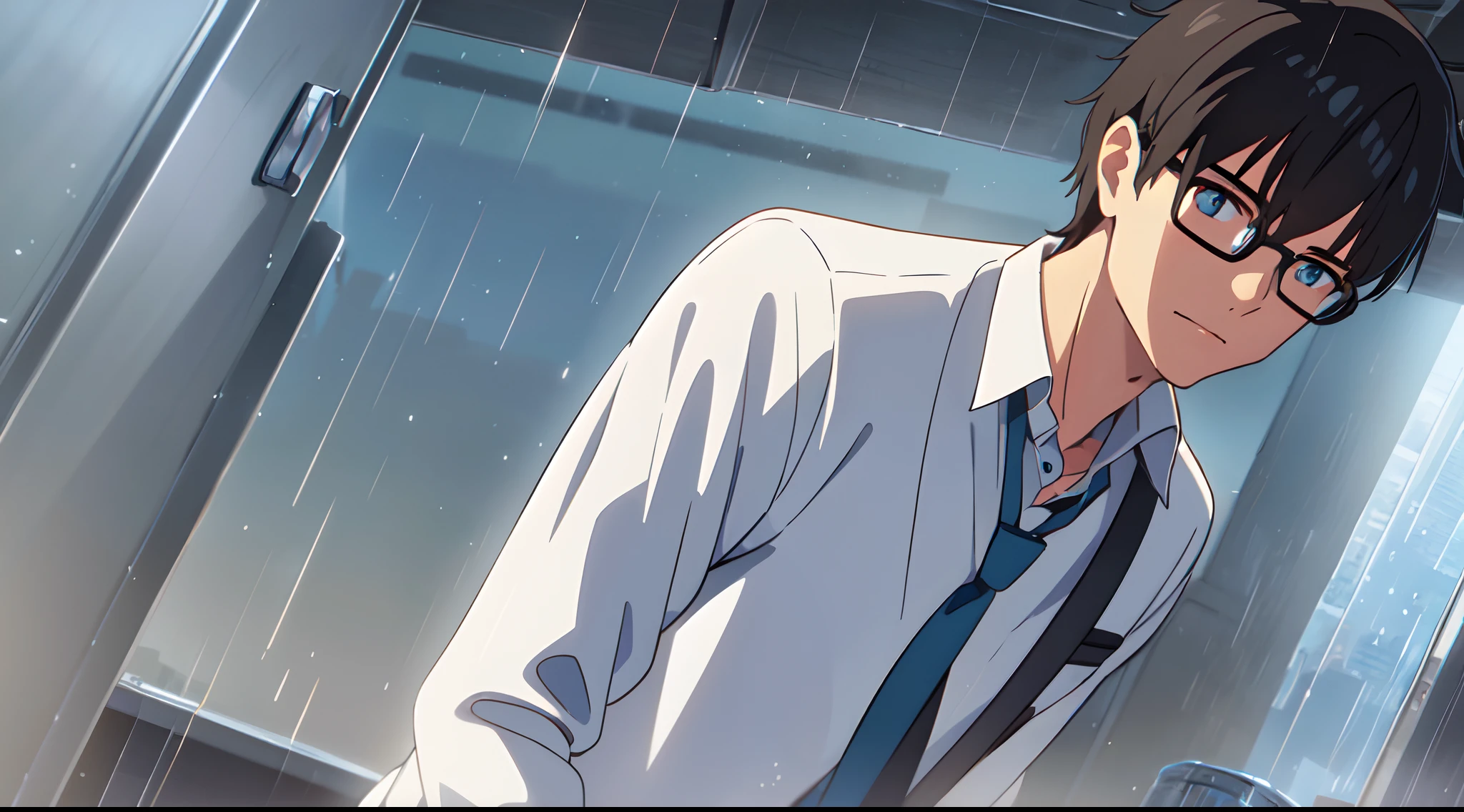 masterpiece, best quality, 1Boy, solo, short black hair, light blue eyes, eyewear, silent, sky, rain, transparent white shirt, blue necktie, sacks on chest, wet, close up, look at viewer, city