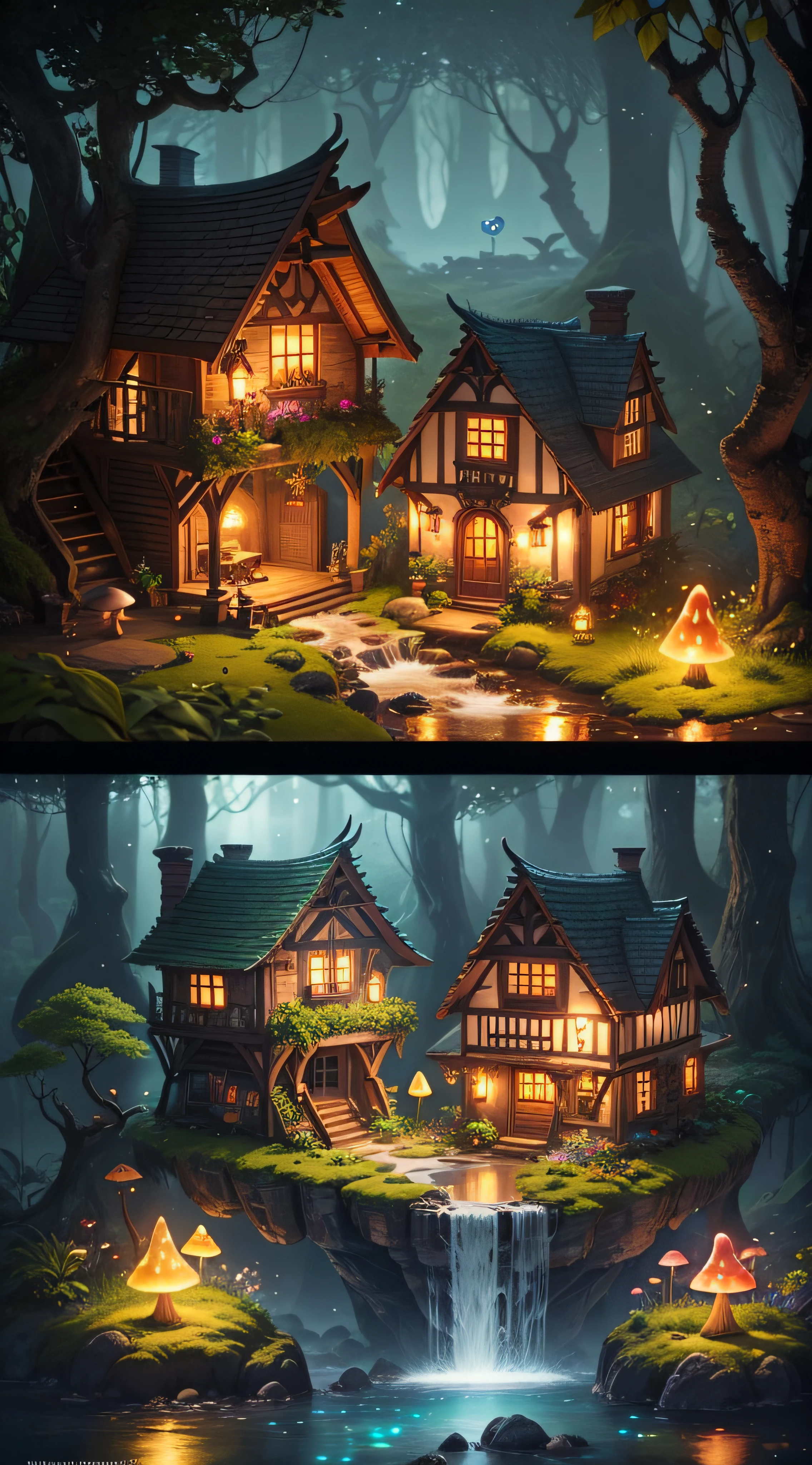 Generate an enchanting image of quaint, whimsical houses tucked away in a vibrant jungle, exuding both a magical aura and a cozy Hobbit-like charm. Enhance the image's quality by enriching colors, refining details, and sharpening textures. Add depth and dimension to this mystical scene, highlighting the intricate features of the miniature homes, surrounding foliage, and mystical elements like glowing mushrooms and sparkling fireflies. Ensure that the final image evokes a sense of wonder and transports viewers to a world where nature and fantasy coexist harmoniously.