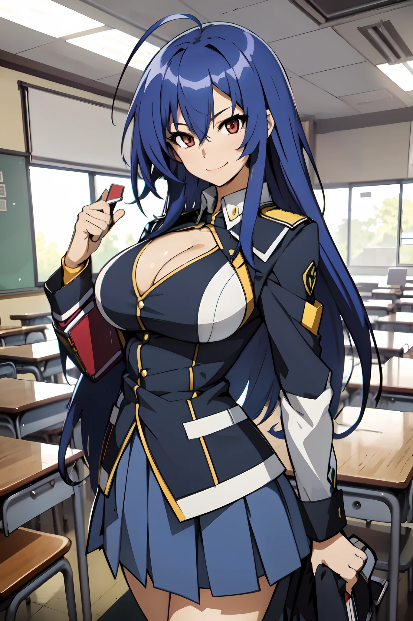 best quality, masterpiece, portrait, 1girl, kurokami medaka, red eyes, blue hair, long hair, ahoge, large breasts, school uniform, cleavage cutout, clothing cutout, pleated skirt, classroom, looking at viewer, smile,