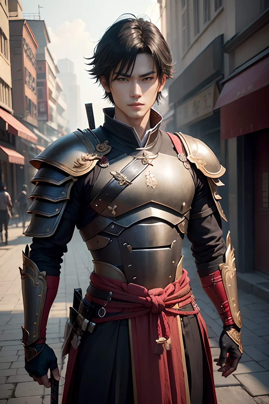 8K,Photorealsitic　Raw photography　top-quality;1.4) 　(1 boy samurai)　Super handsome boy　(Lifelike face)　Demon Slayer as a -yeld bolack hair bob hair　Black and red exterior　Black and red trousers　Golden decoration　Beautiful expression　超A high resolution　A smile　accurate detail　real looking skin　Equip a sword at the waist　With sword and armor in a city setting by Yang J, Handsome Boy in Demon Slayer Art, G Liulian art style, chengwei pan on artstation, yangjun chen, Zhao Yun, Inspired by Zhang Senyao, by Leng Mei, by Victor Wang, xianxia hero, by Zhou Fang, by Yang Jin