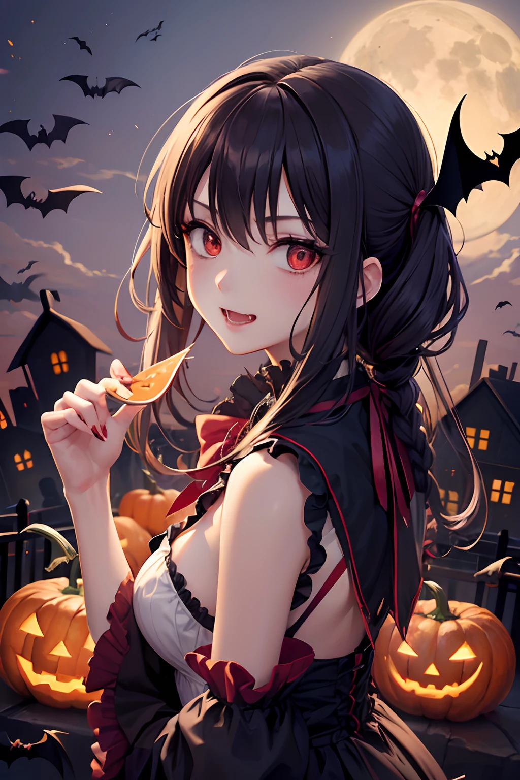Halloween、Beautiful vampire girl and zombie girl2a person、High school students、Pumpkin Ghost、Vampire House、the bats、2a person、gazing at viewer、Sharp fangs、bloods