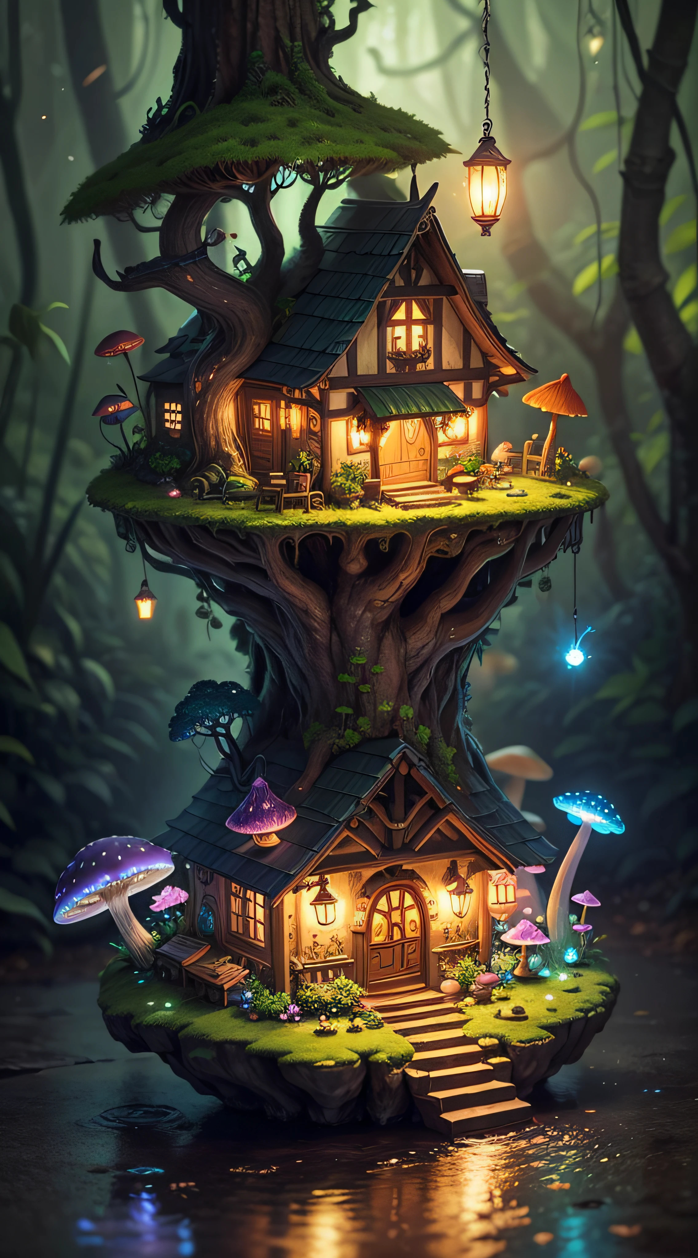 Generate an enchanting image of quaint, whimsical houses tucked away in a vibrant jungle, exuding both a magical aura and a cozy Hobbit-like charm. Enhance the image's quality by enriching colors, refining details, and sharpening textures. Add depth and dimension to this mystical scene, highlighting the intricate features of the miniature homes, surrounding foliage, and mystical elements like glowing mushrooms and sparkling fireflies. Ensure that the final image evokes a sense of wonder and transports viewers to a world where nature and fantasy coexist harmoniously.