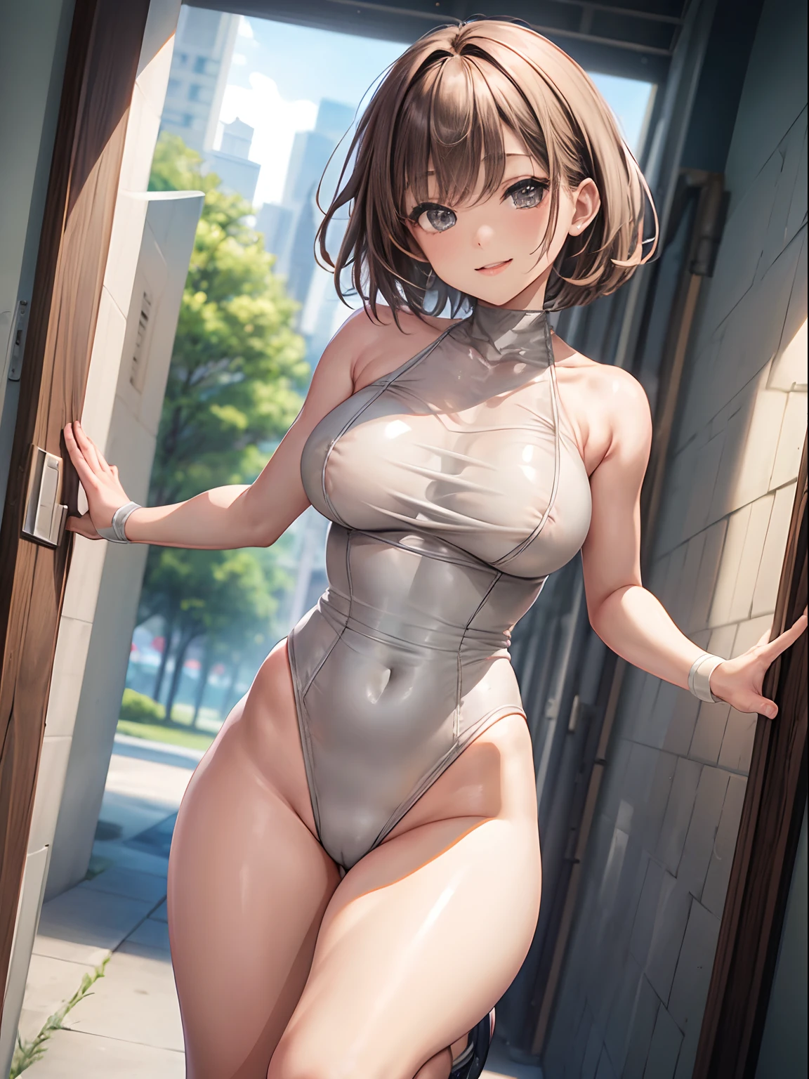 top-quality、Full limbs、complete fingers、One beautiful woman、Beautiful Large Breasts、short-hair、bobhair、Brown hair、Takefuji Dancers、((Glossy light grey high-neck leotard))、Leotard has a diamond-shaped hole on the chest、Raw feet、Black shoes、A big smile、a park、Raising both arms