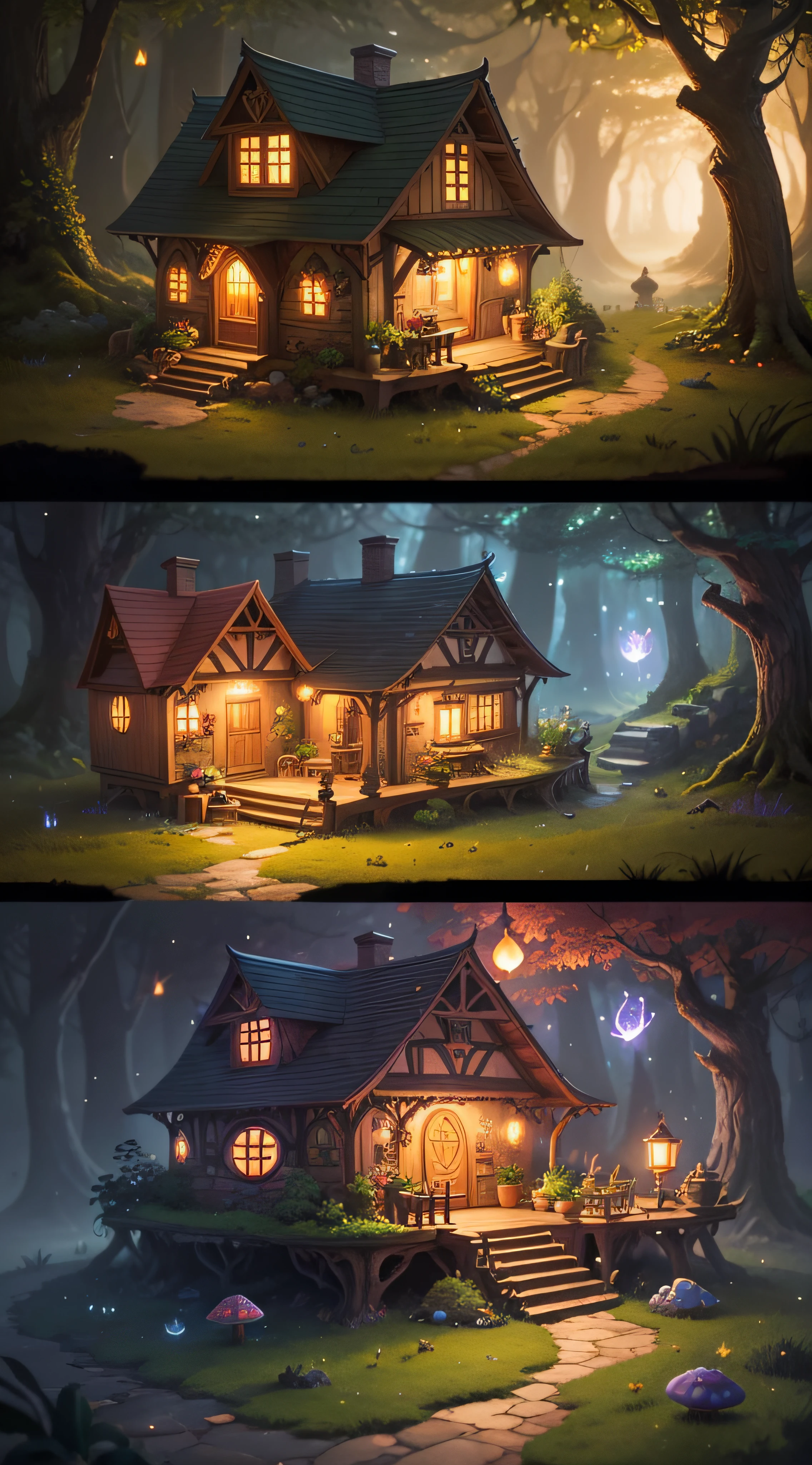 Generate an enchanting image of quaint, whimsical houses tucked away in a vibrant jungle, exuding both a magical aura and a cozy Hobbit-like charm. Enhance the image's quality by enriching colors, refining details, and sharpening textures. Add depth and dimension to this mystical scene, highlighting the intricate features of the miniature homes, surrounding foliage, and mystical elements like glowing mushrooms and sparkling fireflies. Ensure that the final image evokes a sense of wonder and transports viewers to a world where nature and fantasy coexist harmoniously.