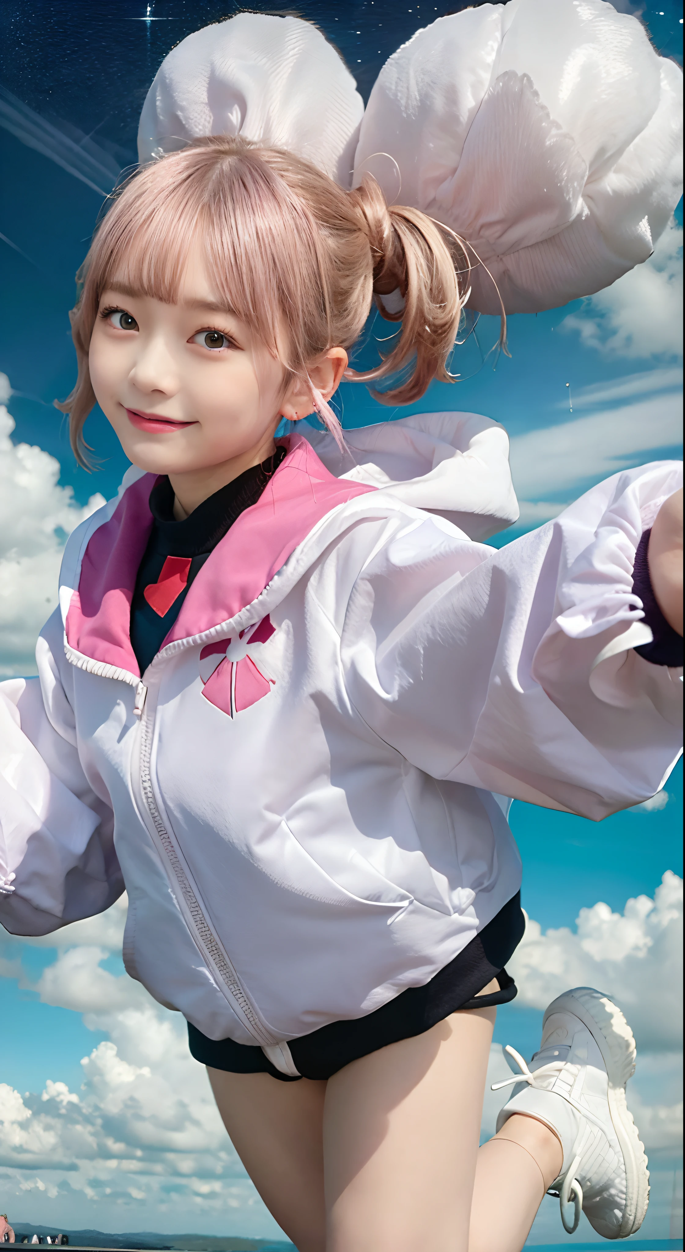 Tutu jacket, puffy long sleeves, Shorts, white footwear、
pilotsuit, grey gloves、
chuatury panlunch、look at viewr,A smile、suns、Pink hair