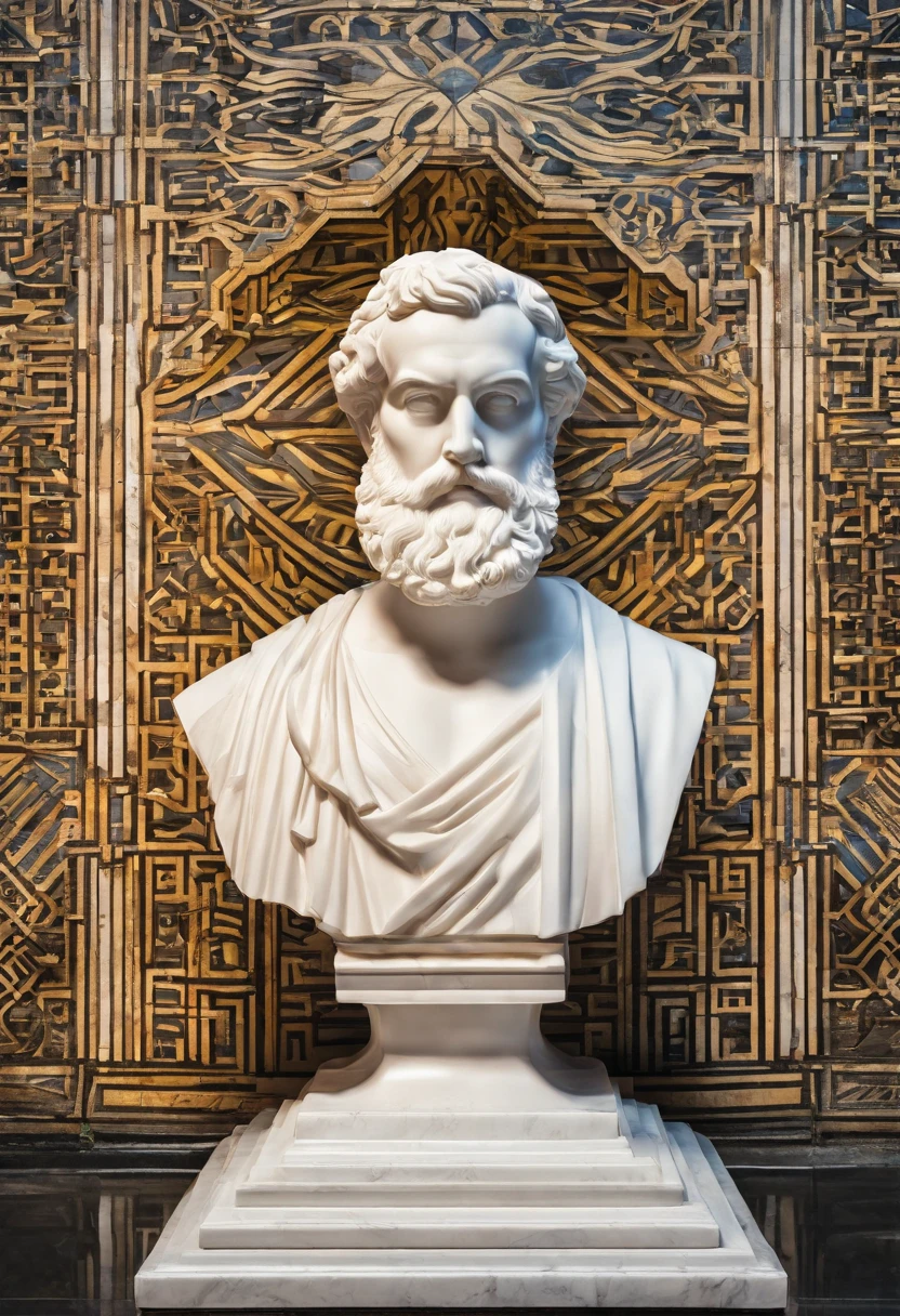 White marble statue of the bust of the wise man with the style of the bearded Greek philosopher in the museum. atmosfera escura, alto contraste de luz e sombra, fotografia profissional, utrarealista, light volumetric, cinemactic