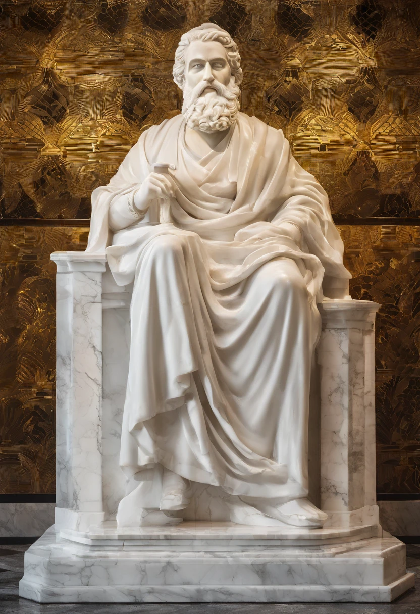 White marble statue of the bust of the wise man with the style of the bearded Greek philosopher in the museum. atmosfera escura, alto contraste de luz e sombra, fotografia profissional, utrarealista, light volumetric, cinemactic