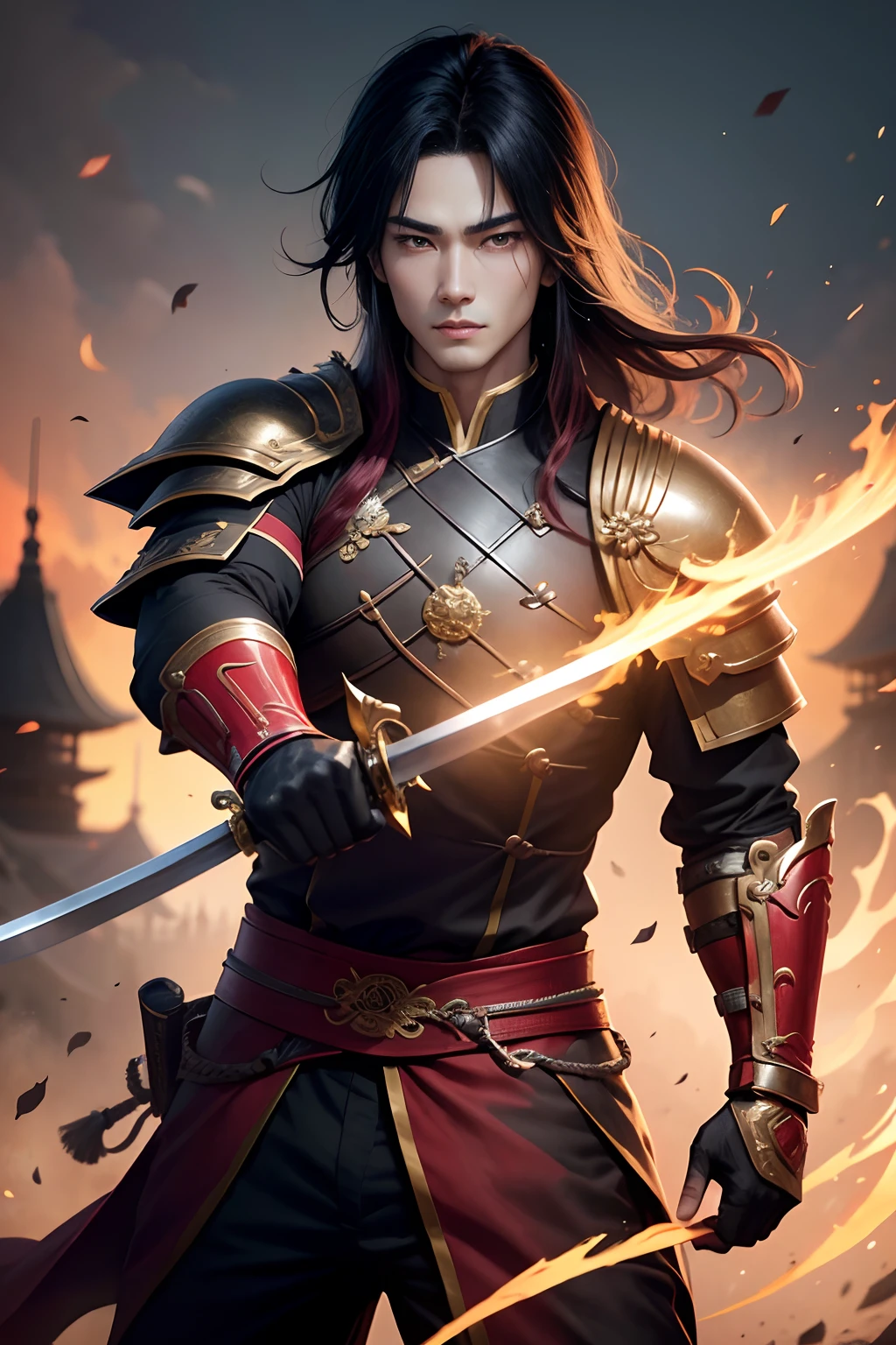 8K,Photorealsitic　Raw photography　top-quality;1.4) 　(1 boy samurai)　Super handsome boy　(Lifelike face)　Shonen Demon Slayer　long bob hair with black hair　Samurai costume　Black and red trousers　Golden decoration　Beautiful expression　超A high resolution　A smile　accurate detail　real looking skin　Equip a sword at the waist　With sword and armor in a city setting by Yang J, Handsome Boy in Demon Slayer Art, G Liulian art style, chengwei pan on artstation, yangjun chen, Zhao Yun, Inspired by Zhang Senyao, by Leng Mei, by Victor Wang, xianxia hero, by Zhou Fang, by Yang Jin