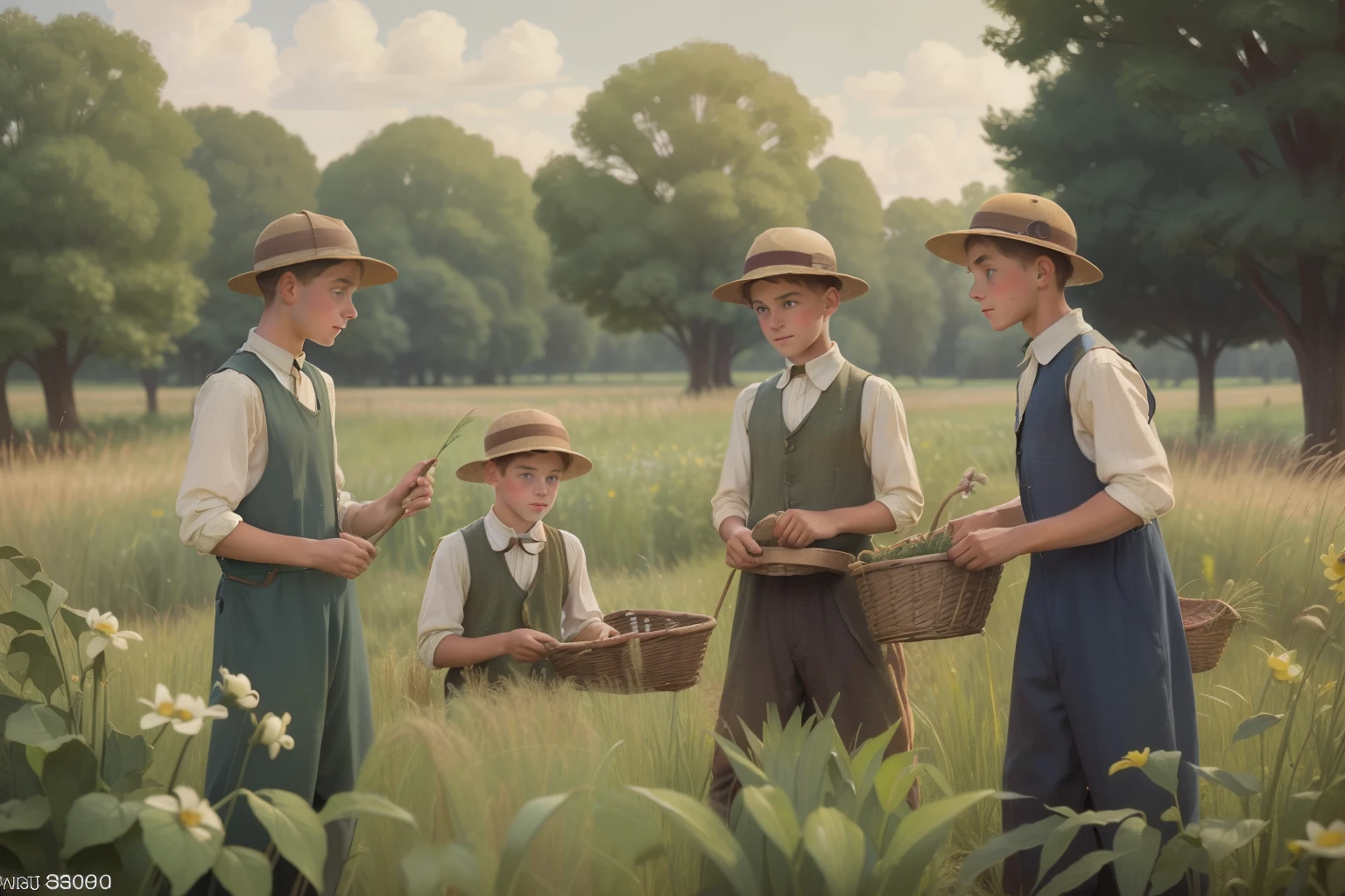 Year: 1932. Location: Lincoln, Minnesota. pre-raphaelite scene with ((three)) teenager boys of (()), working in a garden, sowing, hayfield, farming, ((((1930s poor clothes)))) ((1930s hairstyle)) ((in the style of "OMITB")) ((cinematic style))