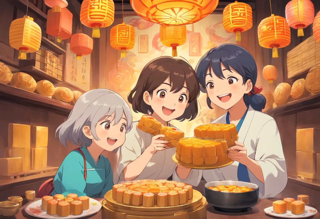 The whole family eats mooncakes together,Mom and dad laugh with their children,colorful kids book illustration,Simple and clean graphics,White basemap,